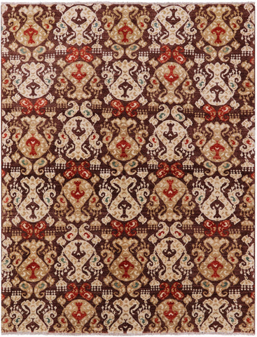 Brown Ikat Handmade Wool Rug - 5' 0