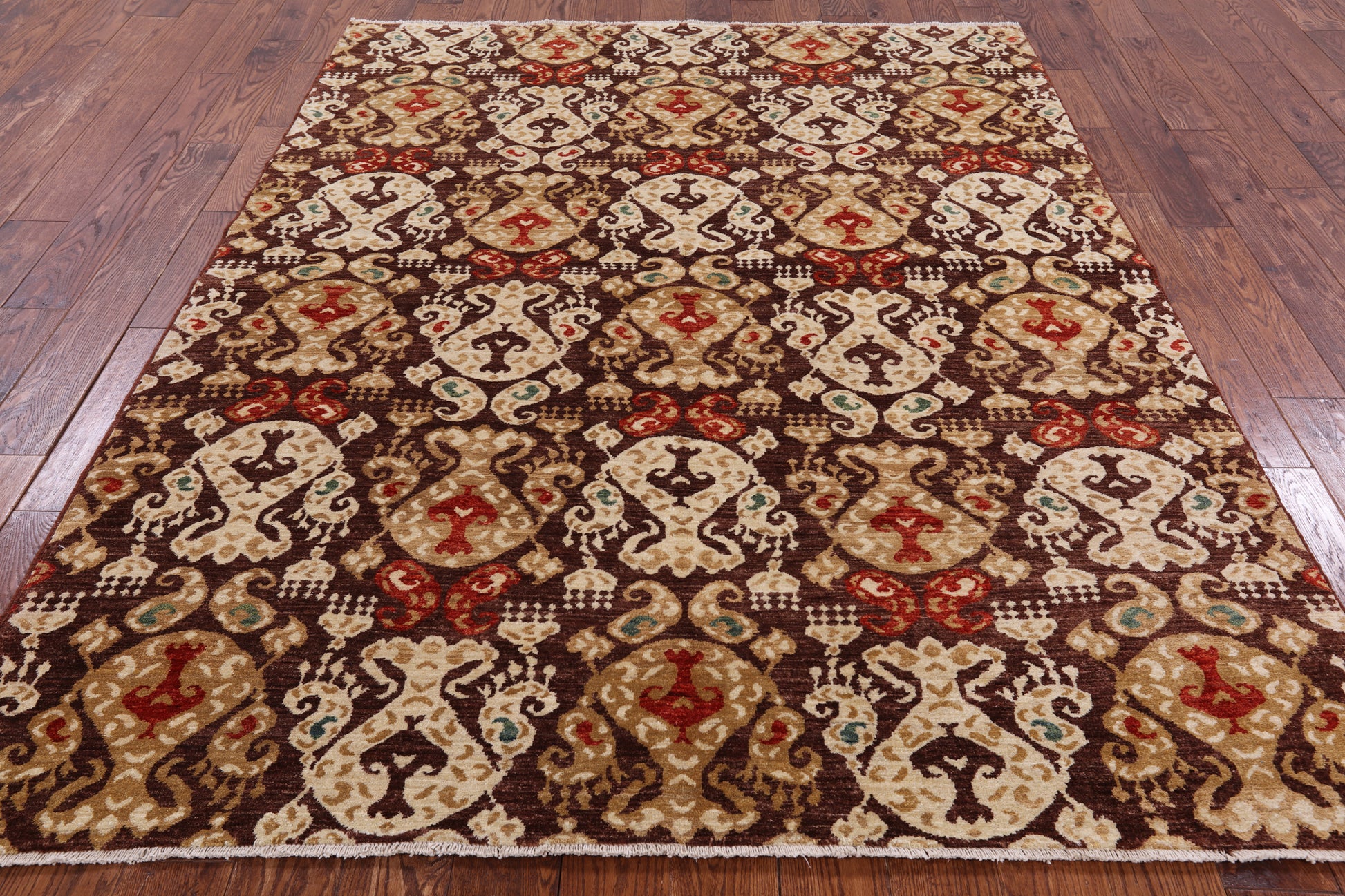 Brown Ikat Handmade Wool Rug - 5' 0" X 6' 3" - Golden Nile