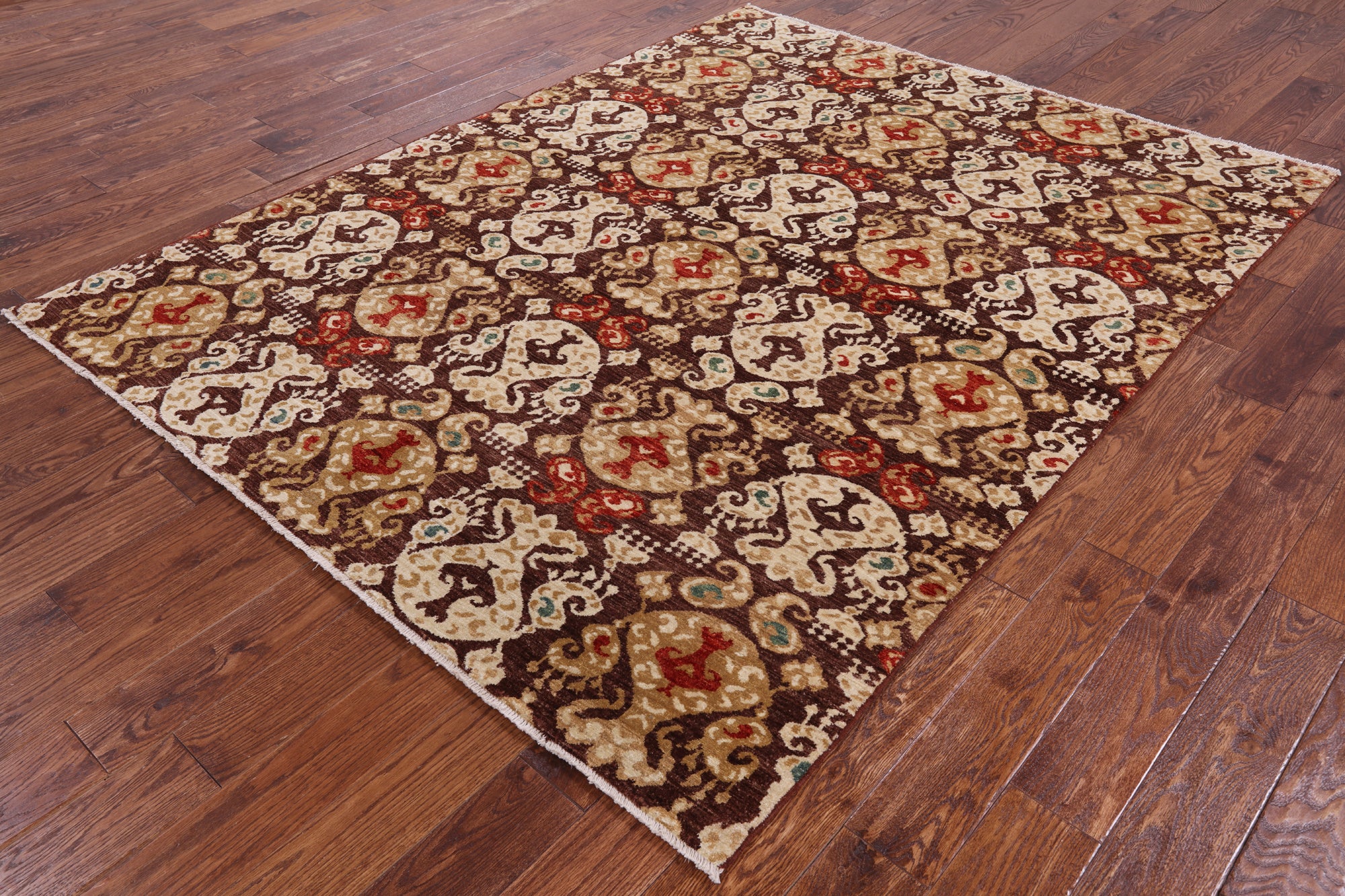 Brown Ikat Handmade Wool Rug - 5' 0" X 6' 3" - Golden Nile