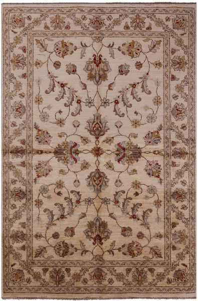 Ivory Peshawar Hand Knotted Wool Rug - 5' 6" X 8' 2" - Golden Nile