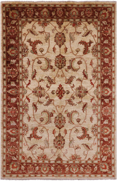 Ivory Peshawar Hand Knotted Rug - 5' 10" X 9' 1" - Golden Nile