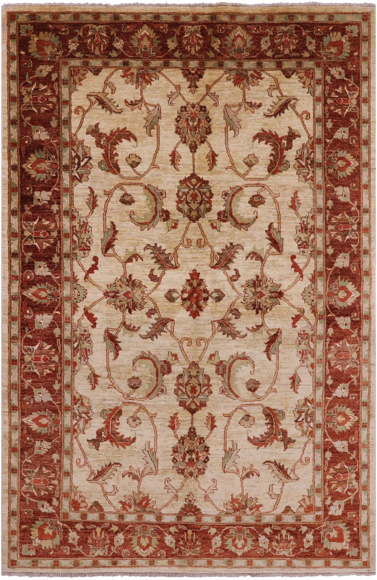 Ivory Peshawar Hand Knotted Rug - 5' 10" X 9' 1" - Golden Nile