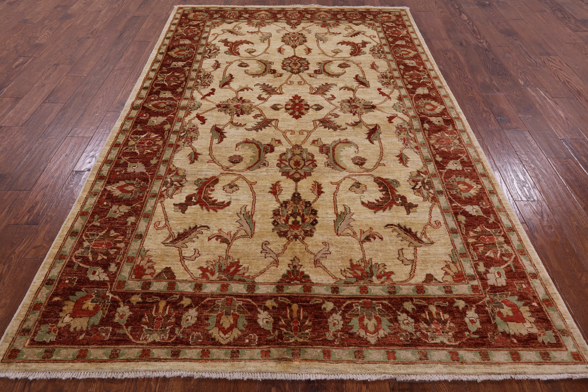 Ivory Peshawar Hand Knotted Rug - 5' 10" X 9' 1" - Golden Nile