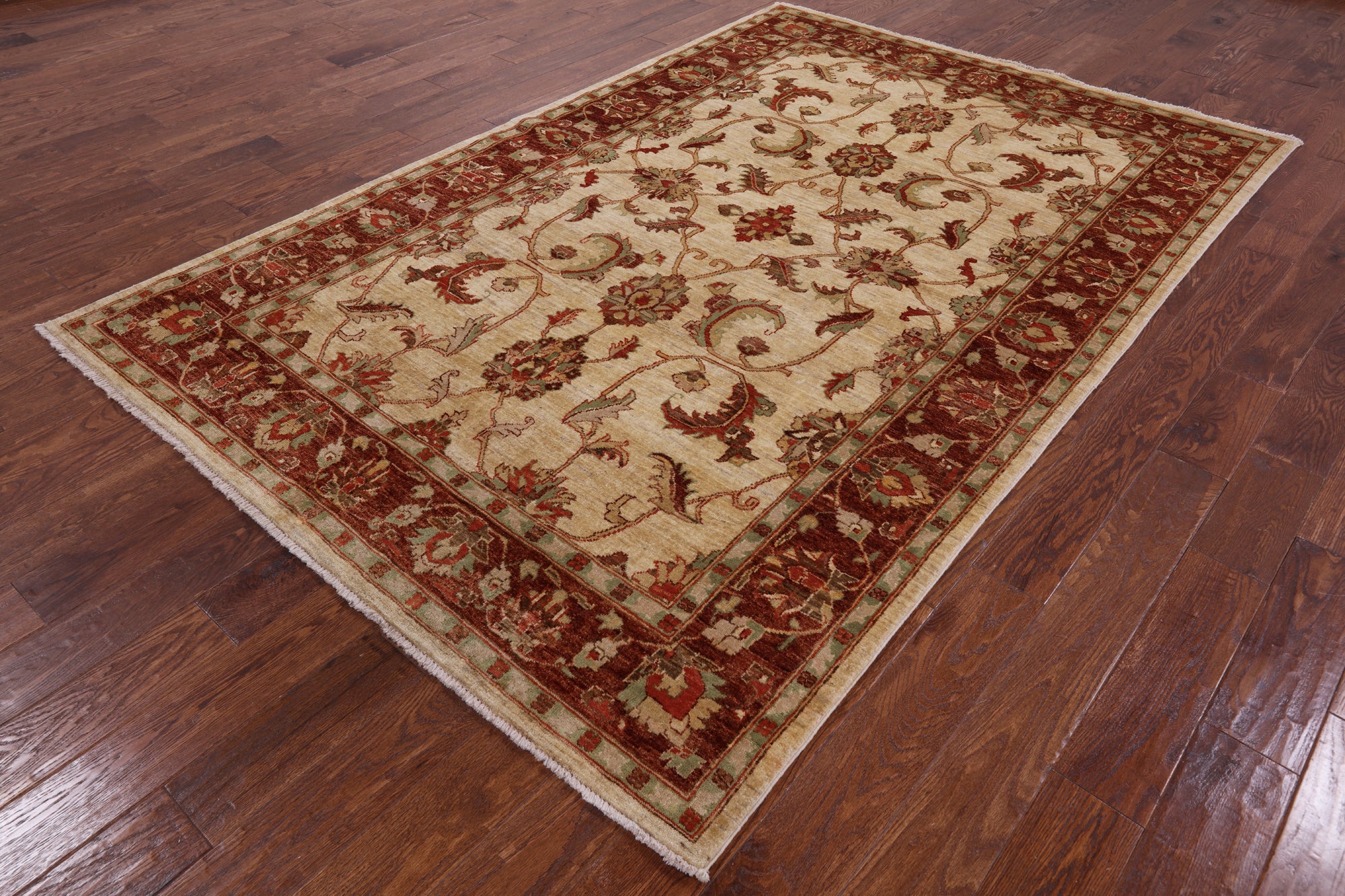 Ivory Peshawar Hand Knotted Rug - 5' 10" X 9' 1" - Golden Nile