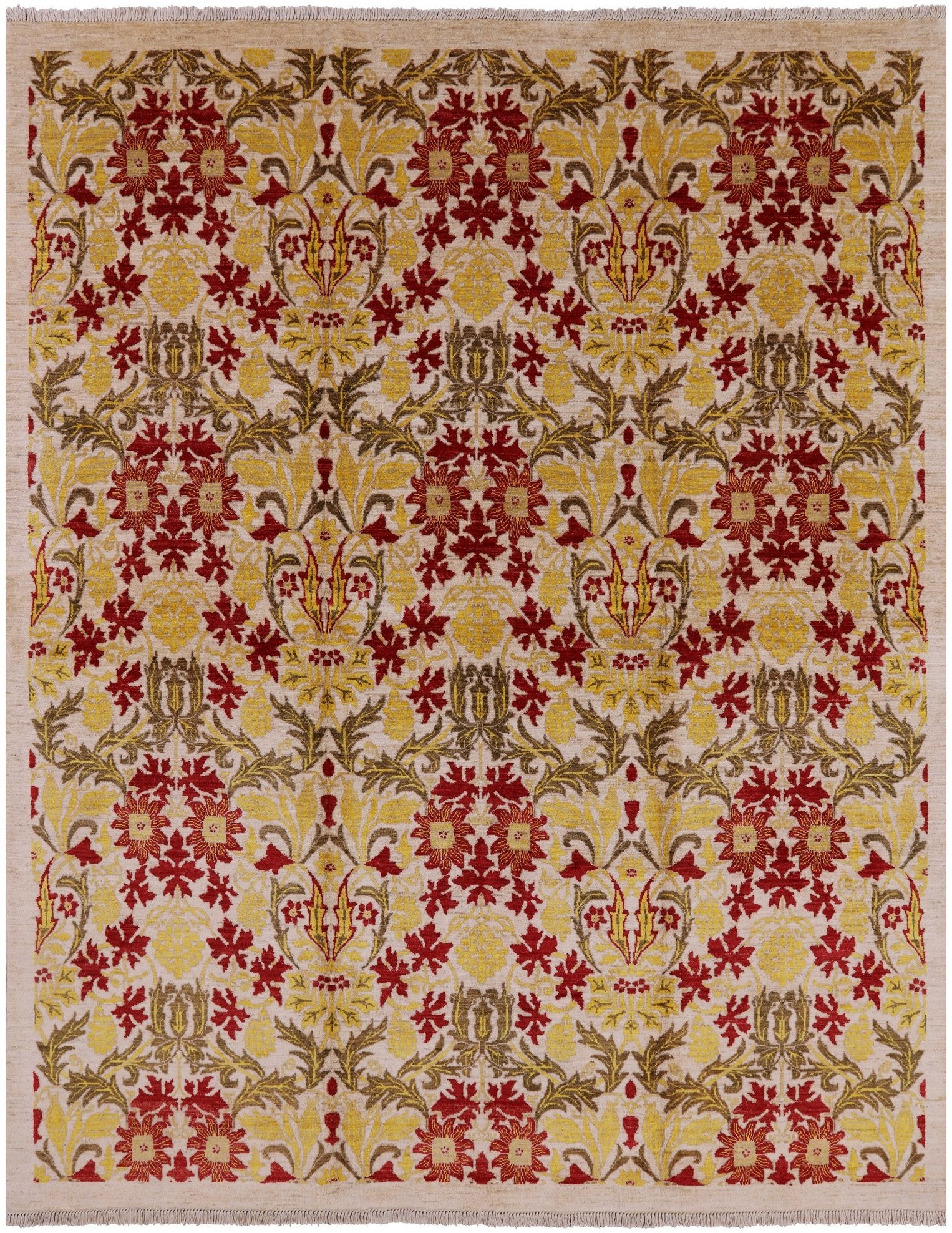 Ivory William Morris Hand Knotted Wool Area Rug - 4' 10" X 7' 9" - Golden Nile