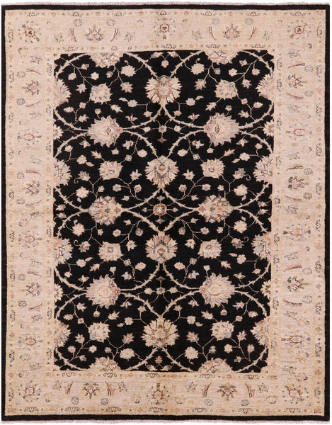 Black Peshawar Hand Knotted Wool Rug - 5' 9" X 7' 2" - Golden Nile