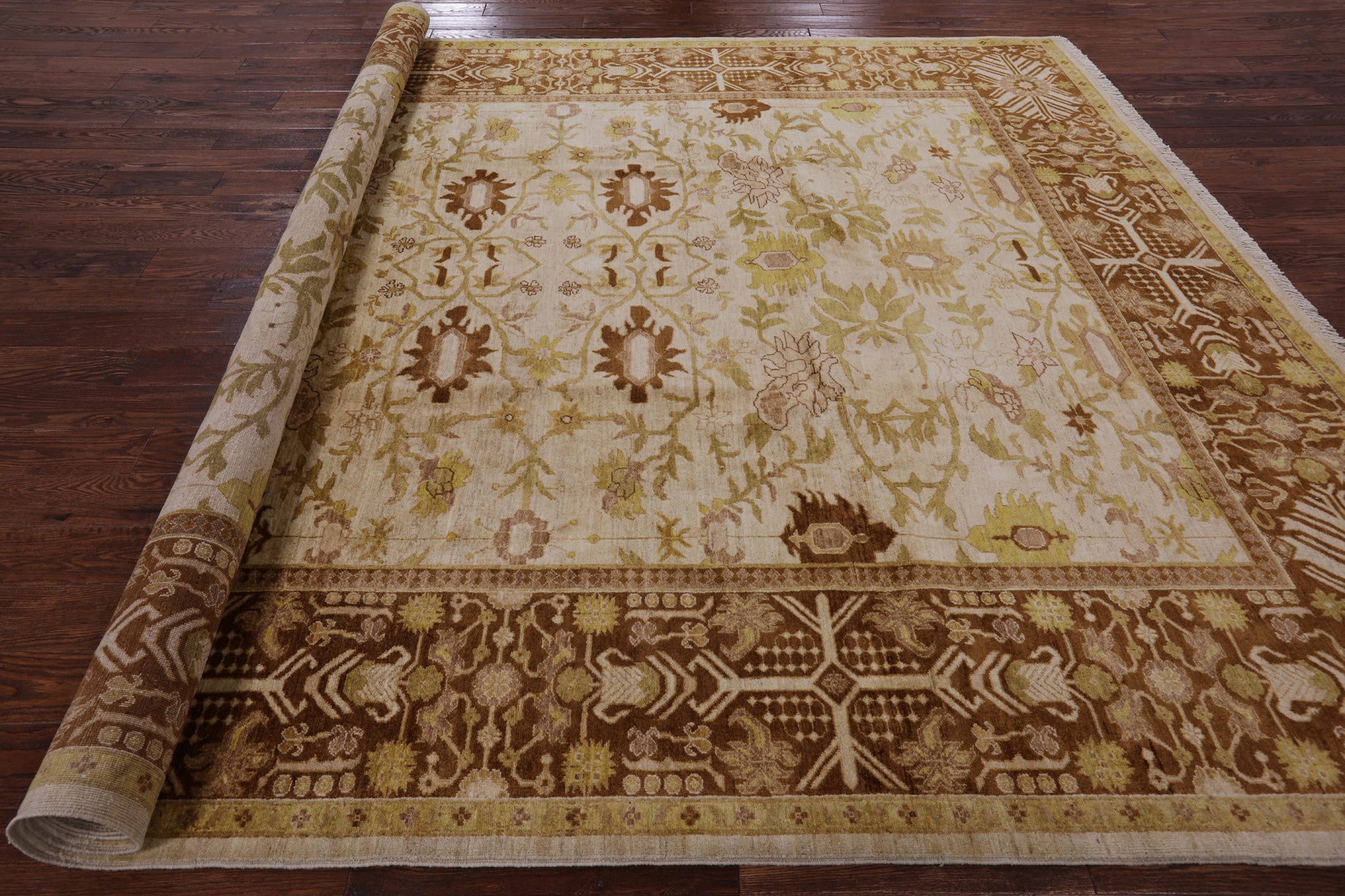Ivory Signed Peshawar Hand Knotted Wool Rug - 9' 3" X 11' 8" - Golden Nile