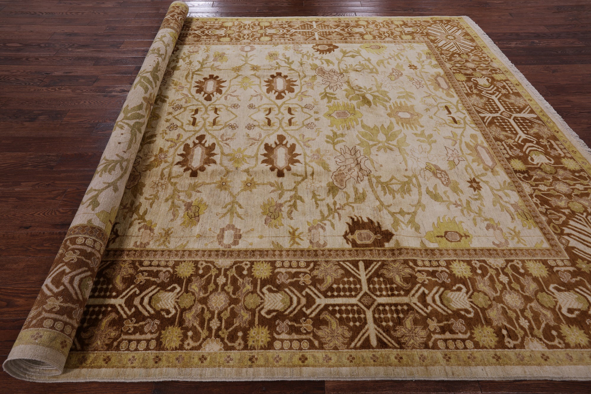 Ivory Signed Peshawar Hand Knotted Wool Rug - 9' 3" X 11' 8" - Golden Nile