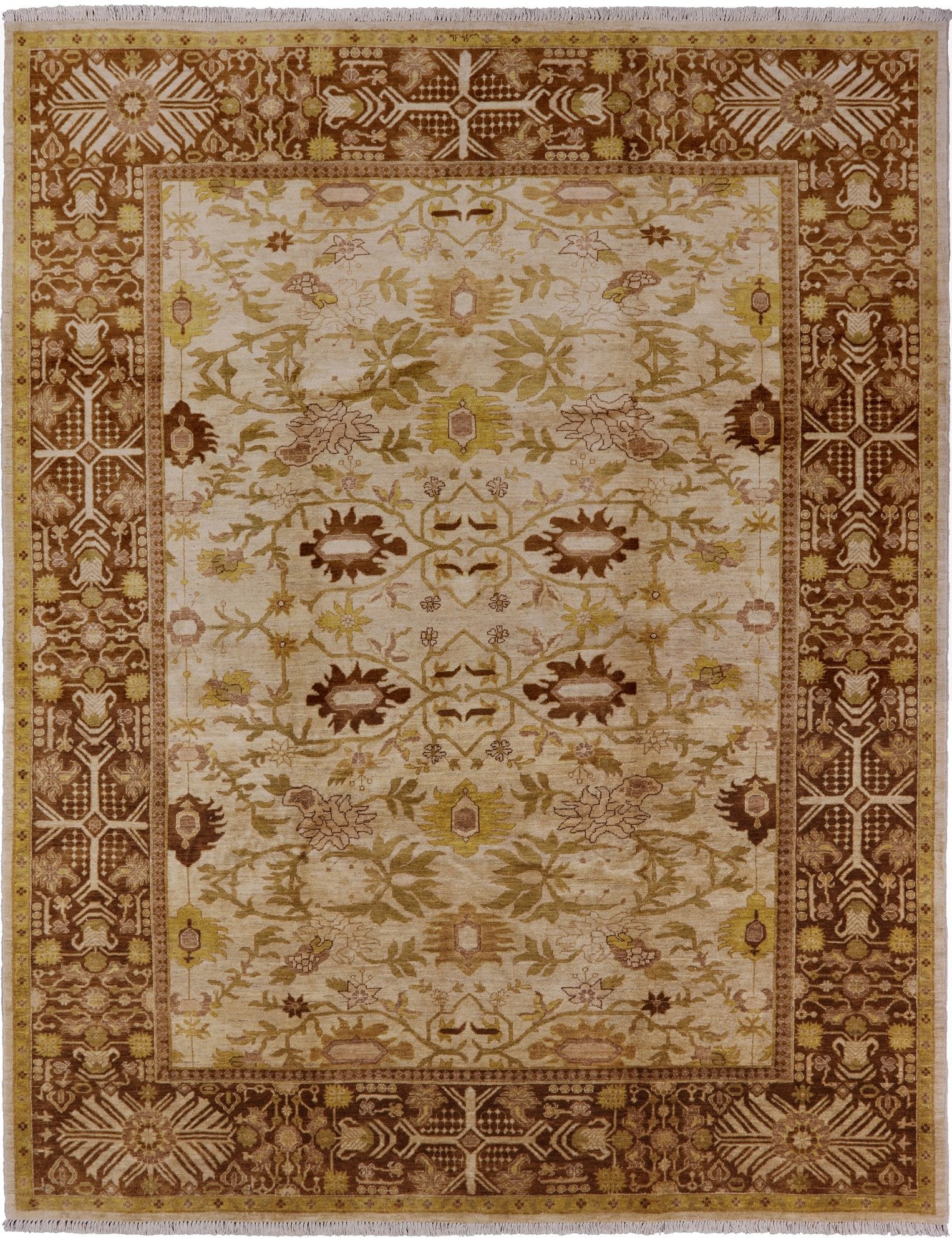 Ivory Signed Peshawar Hand Knotted Wool Rug - 9' 3" X 11' 8" - Golden Nile