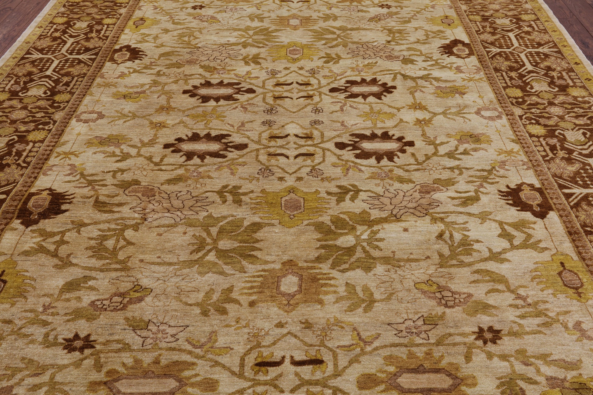 Ivory Signed Peshawar Hand Knotted Wool Rug - 9' 3" X 11' 8" - Golden Nile