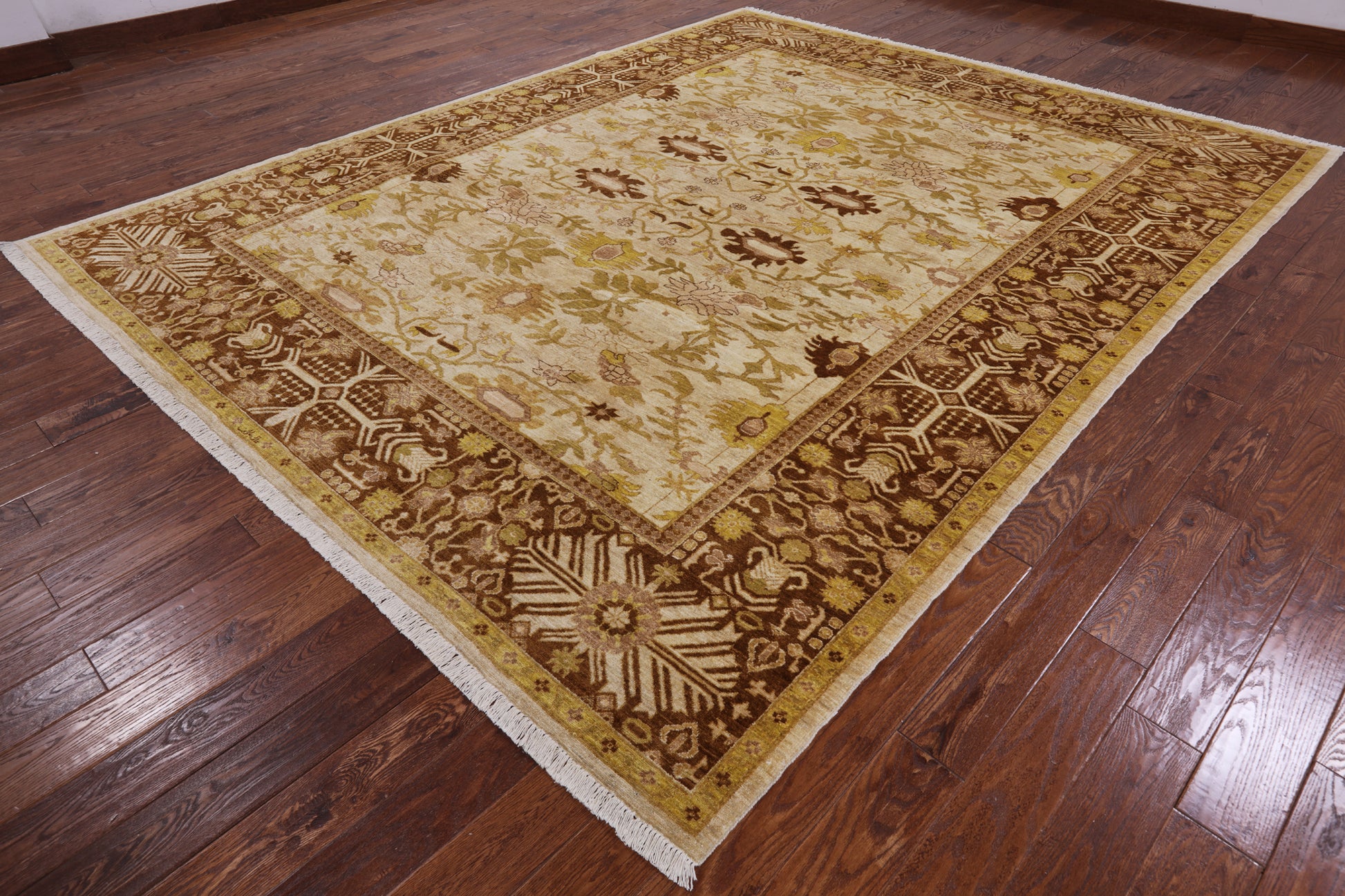 Ivory Signed Peshawar Hand Knotted Wool Rug - 9' 3" X 11' 8" - Golden Nile