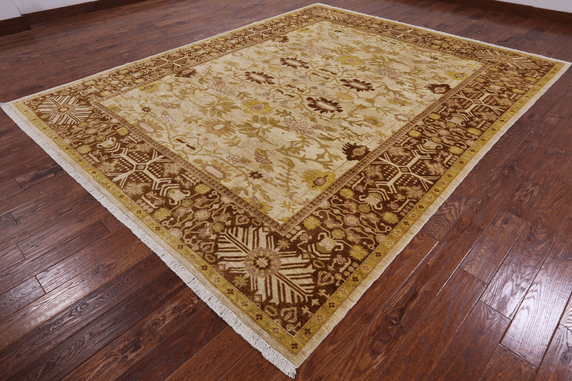 Ivory Signed Peshawar Hand Knotted Wool Rug - 9' 3" X 11' 8" - Golden Nile