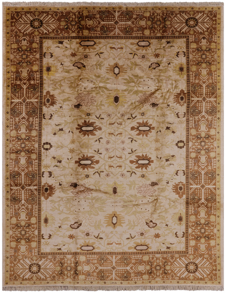 Ivory Signed Peshawar Handmade Wool Rug - 9' 0" X 11' 8" - Golden Nile