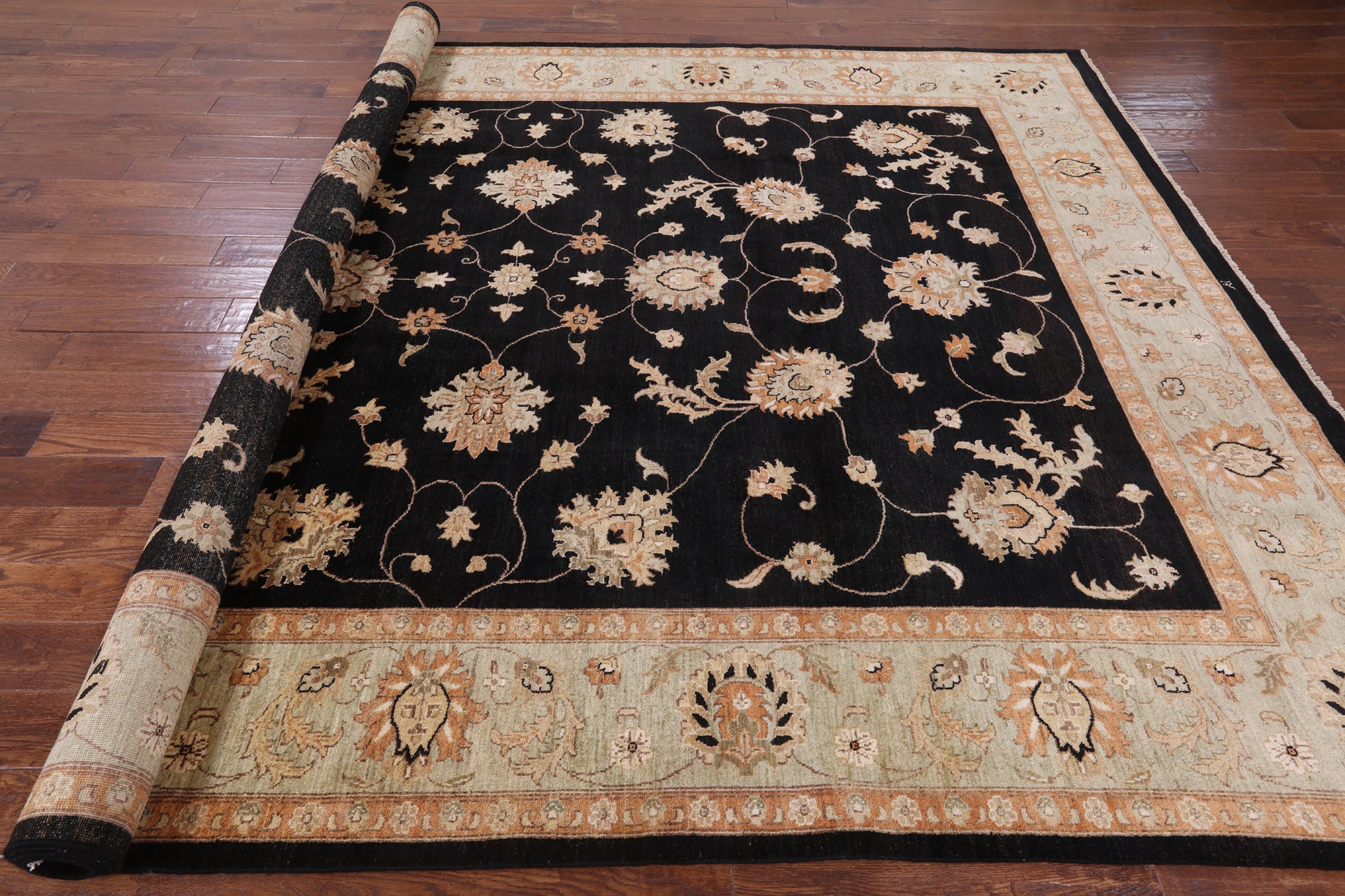 Black Peshawar Handmade Wool Rug - 9' 1" X 12' 6" - Golden Nile