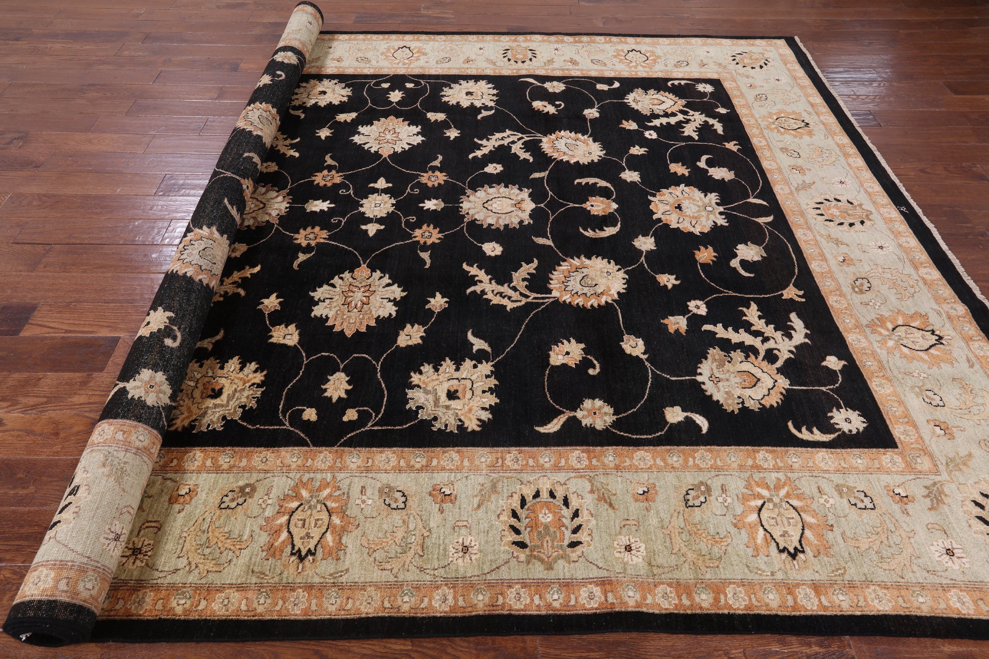 Black Peshawar Handmade Wool Rug - 9' 1" X 12' 6" - Golden Nile