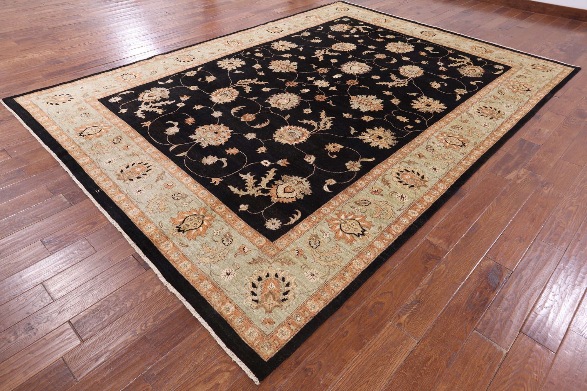Black Peshawar Handmade Wool Rug - 9' 1" X 12' 6" - Golden Nile