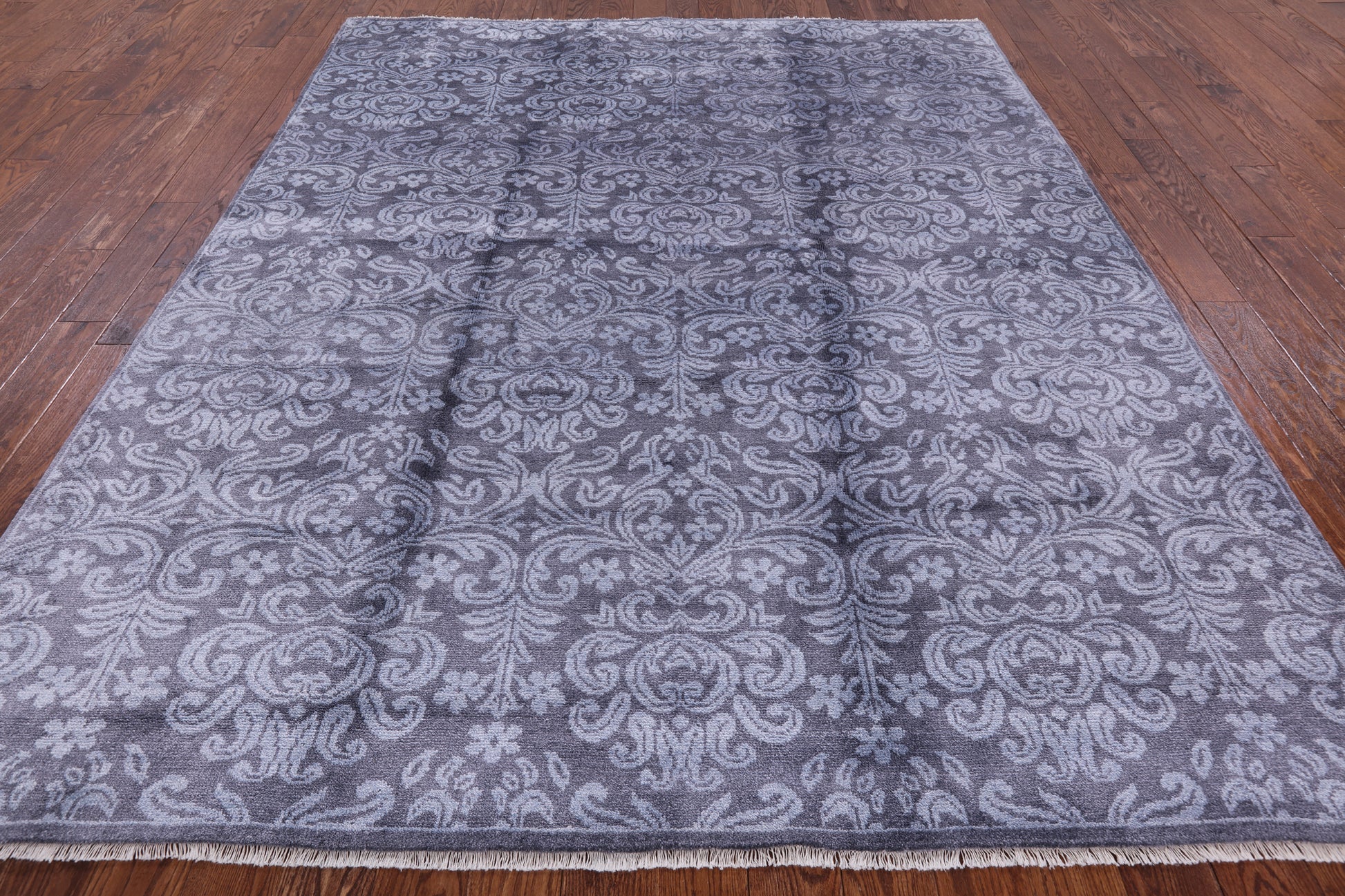 Grey Persian 100% Silk Handmade Rug - 7' 11" X 9' 11'' - Golden Nile