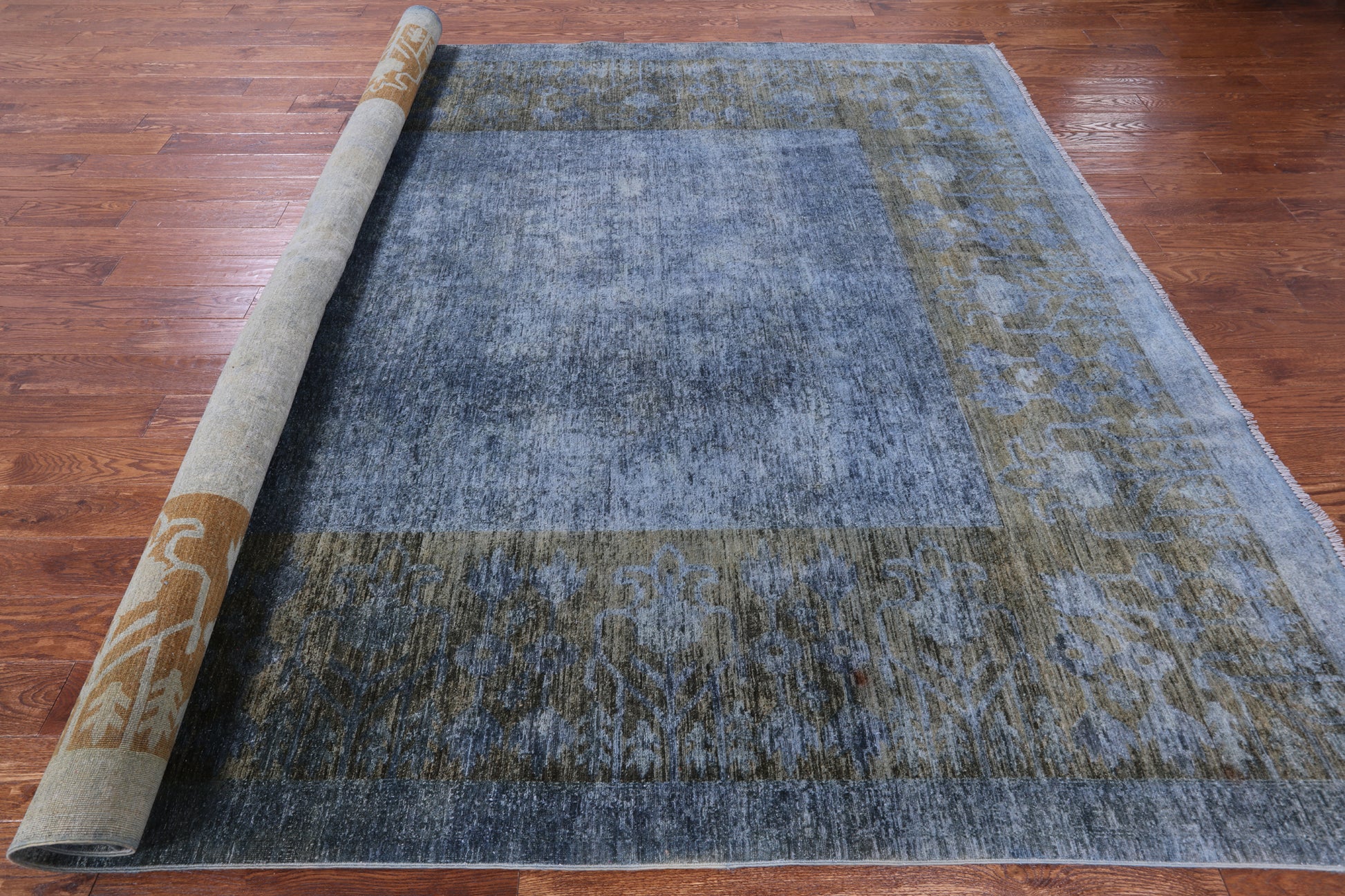 Blue Full Pile Overdyed Hand Knotted Wool Rug - 9' 1" X 11' 10" - Golden Nile