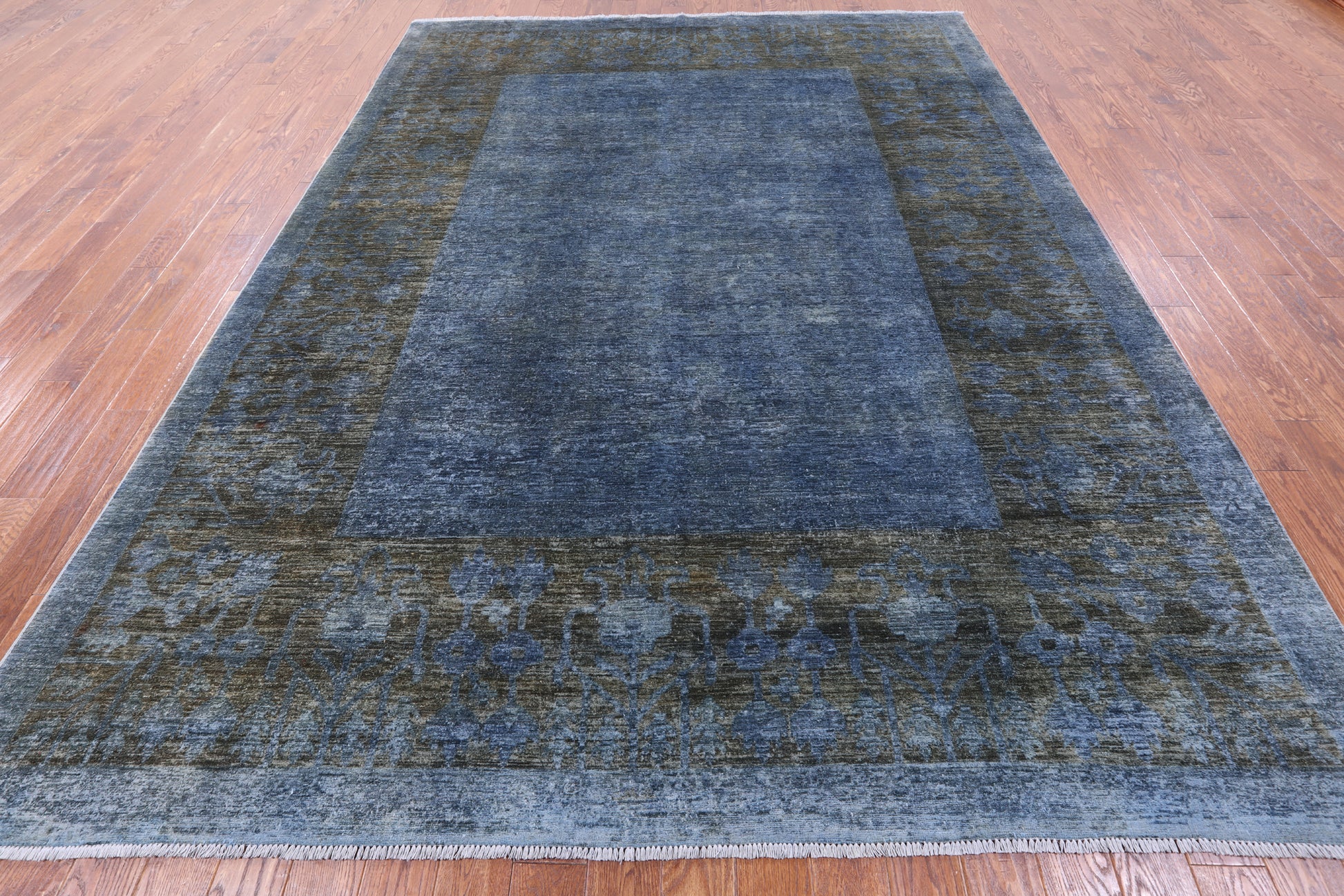 Blue Full Pile Overdyed Hand Knotted Wool Rug - 9' 1" X 11' 10" - Golden Nile