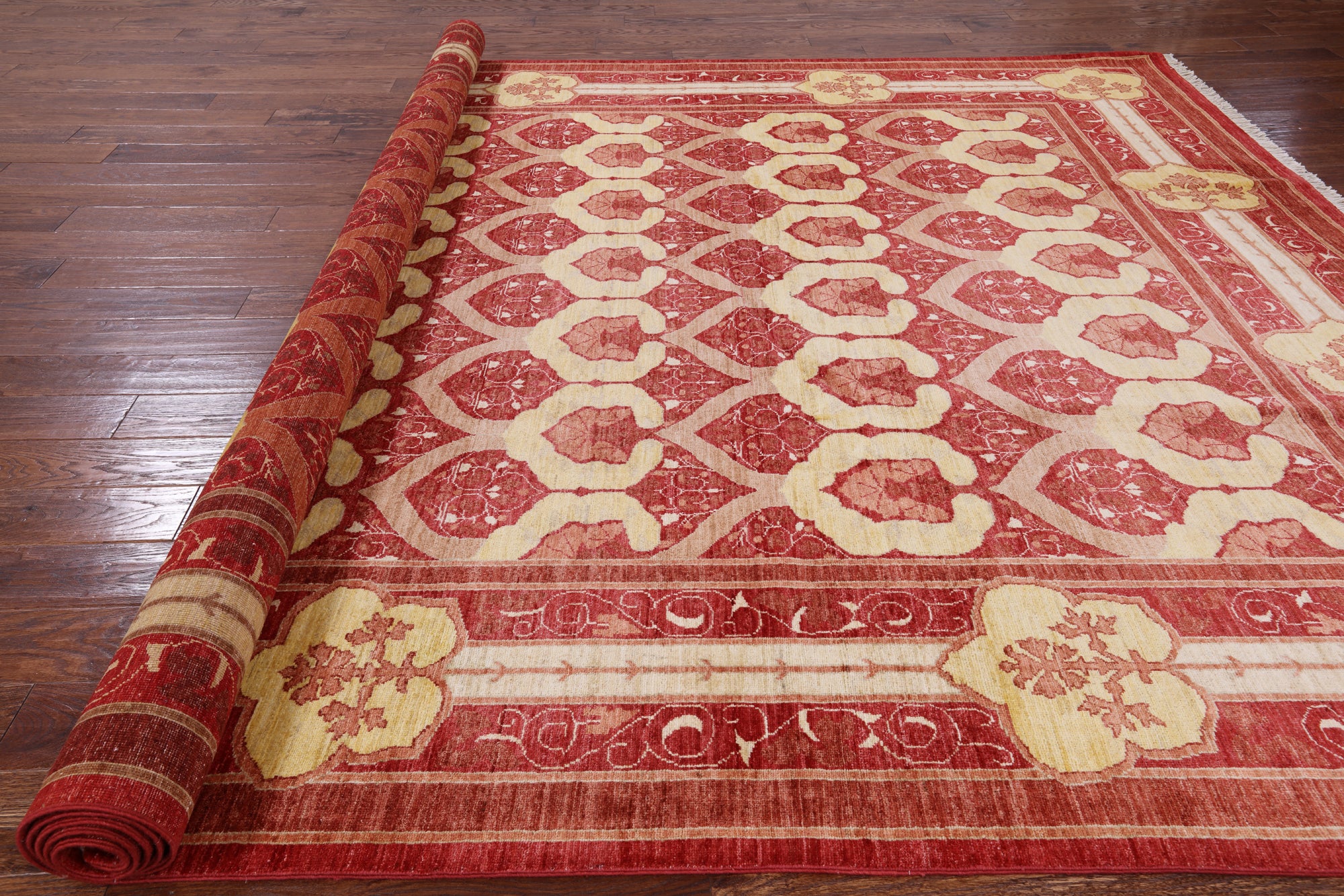 Red William Morris Hand Knotted Wool Area Rug - 8' 10" X 11' 9" - Golden Nile