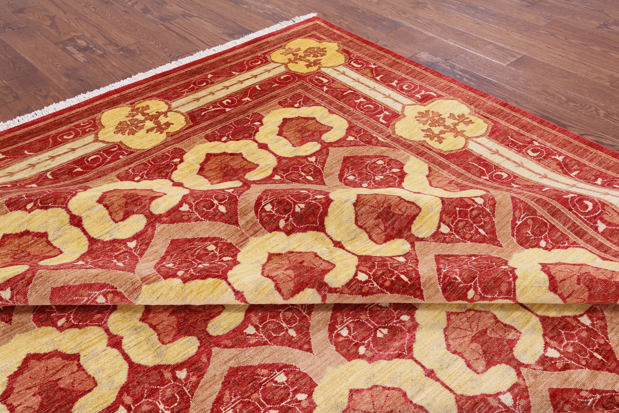 Red William Morris Hand Knotted Wool Area Rug - 8' 10" X 11' 9" - Golden Nile