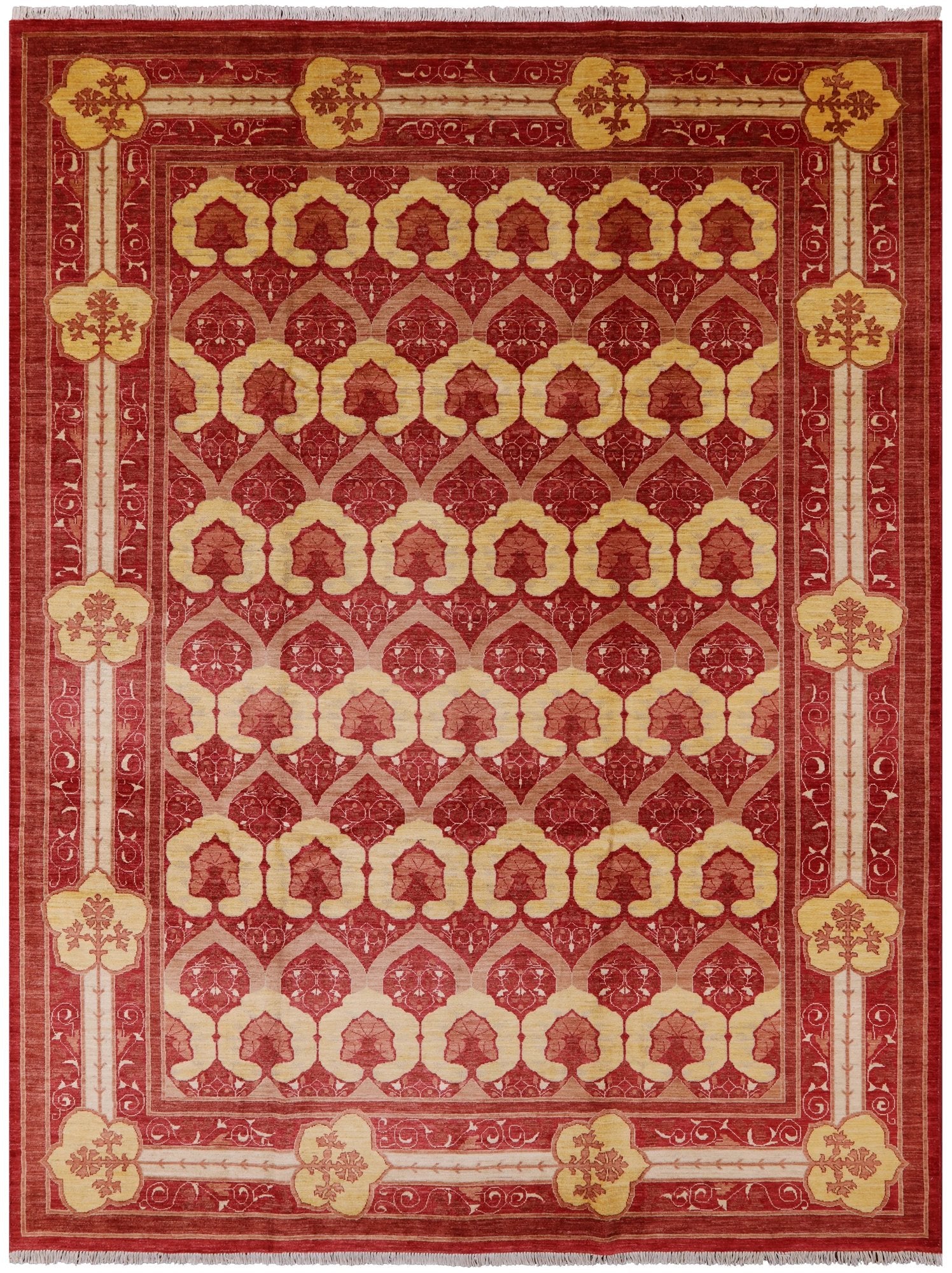 Red William Morris Hand Knotted Wool Area Rug - 8' 10" X 11' 9" - Golden Nile