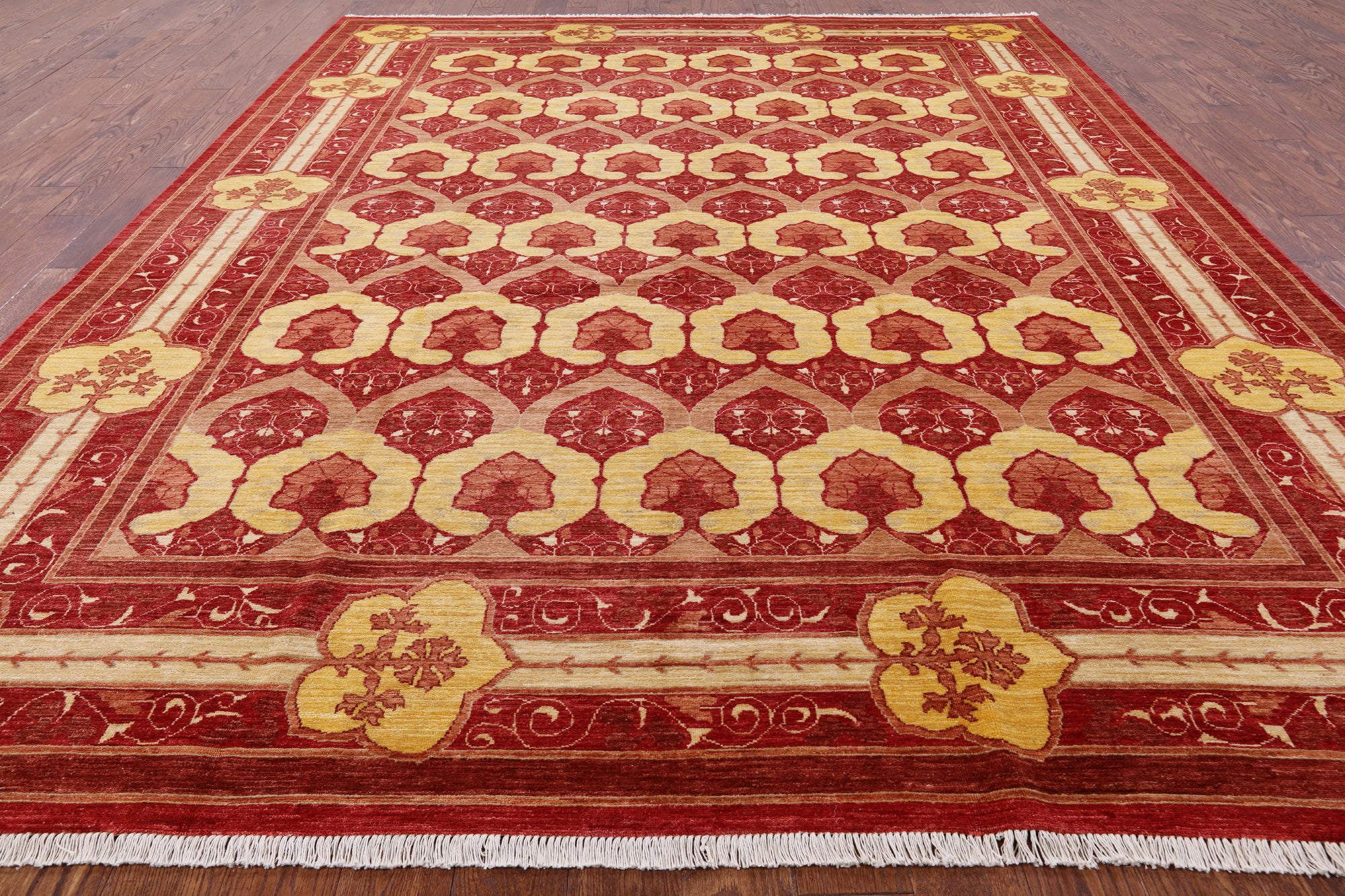 Red William Morris Hand Knotted Wool Area Rug - 8' 10" X 11' 9" - Golden Nile