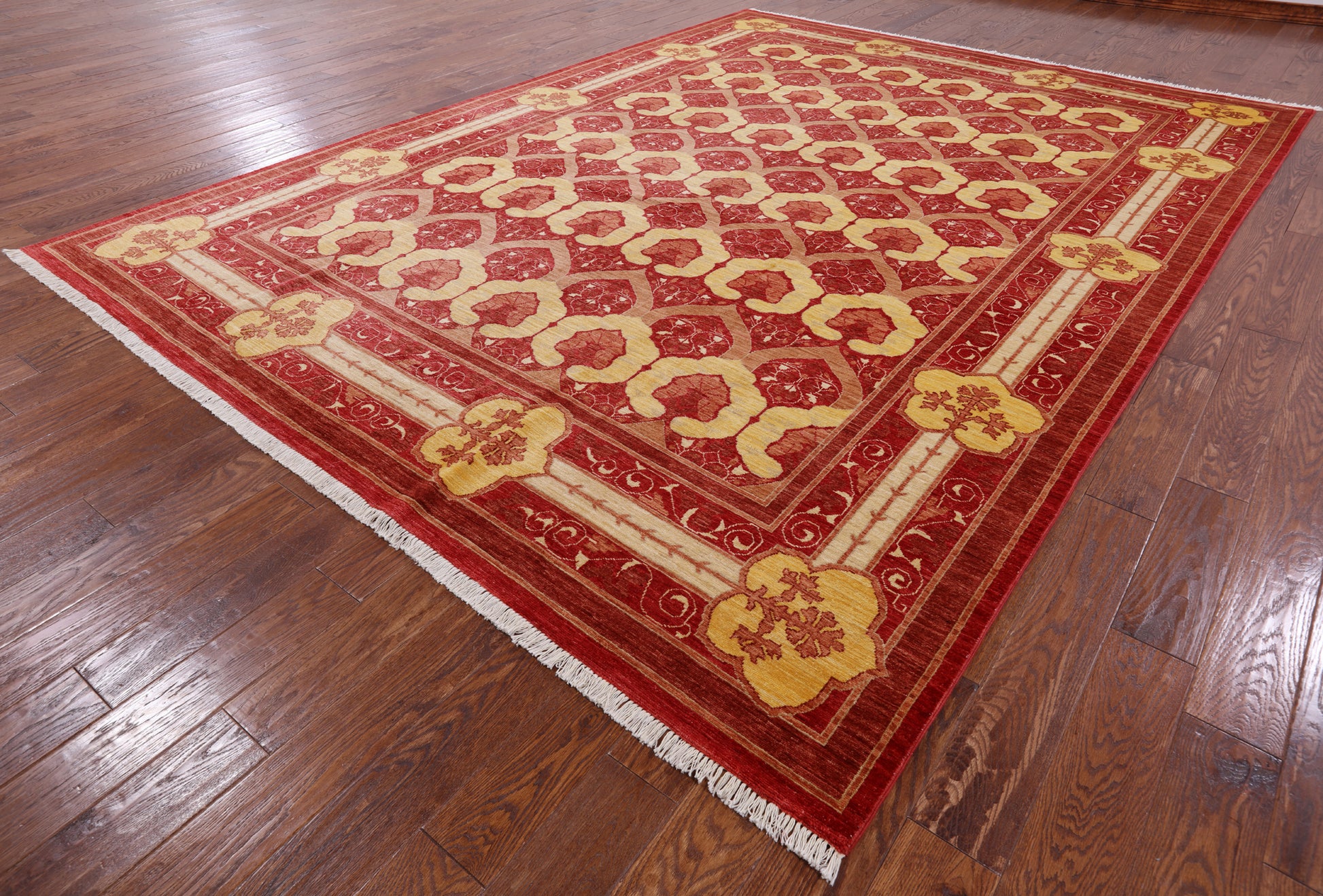 Red William Morris Hand Knotted Wool Area Rug - 8' 10" X 11' 9" - Golden Nile