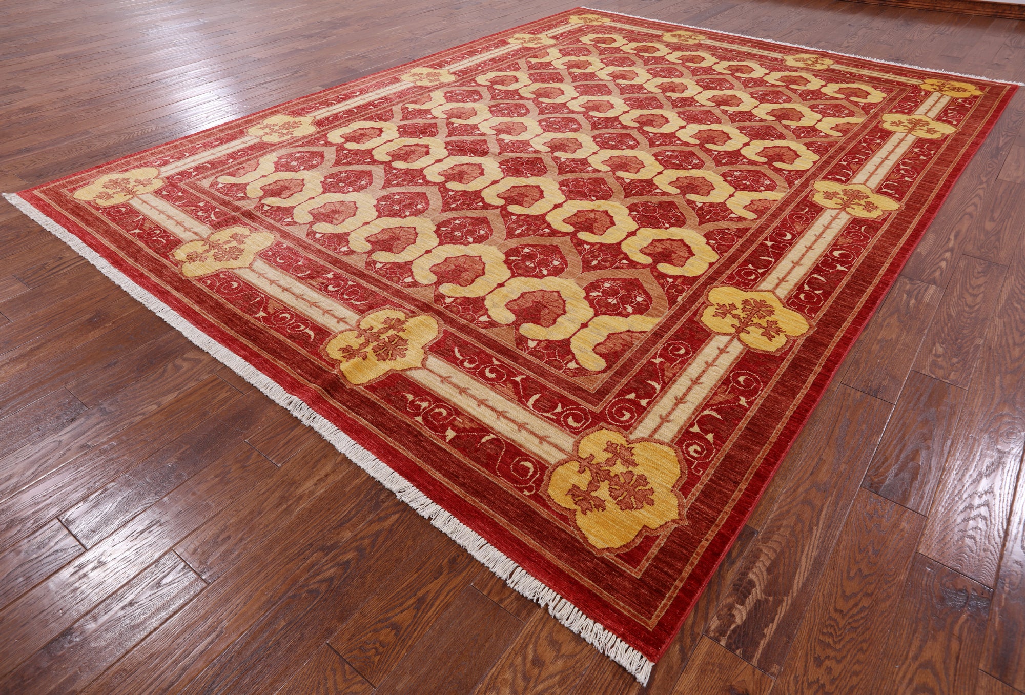 Red William Morris Hand Knotted Wool Area Rug - 8' 10" X 11' 9" - Golden Nile