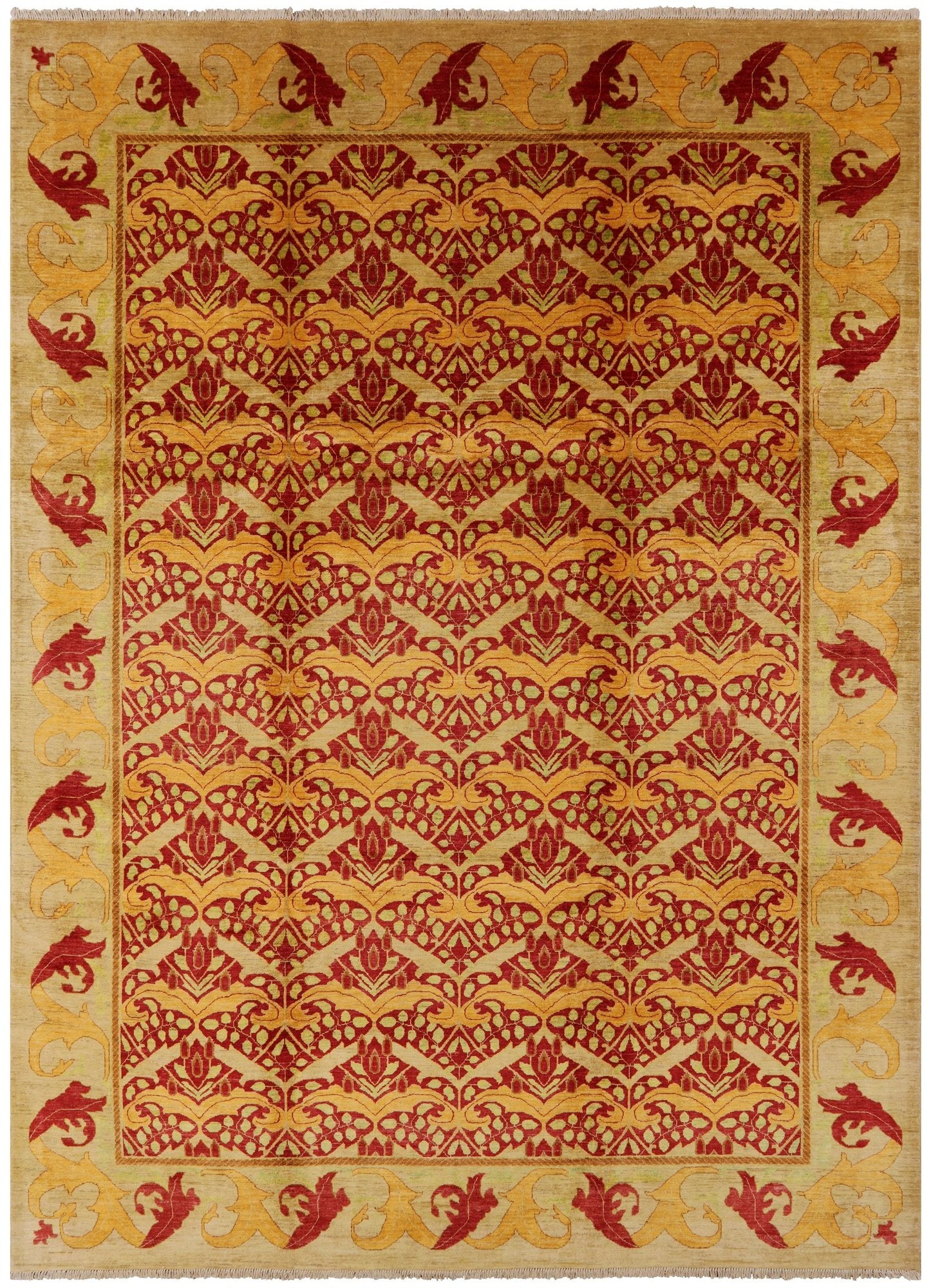 Red William Morris Hand Knotted Wool Rug - 10' 0" X 13' 8" - Golden Nile