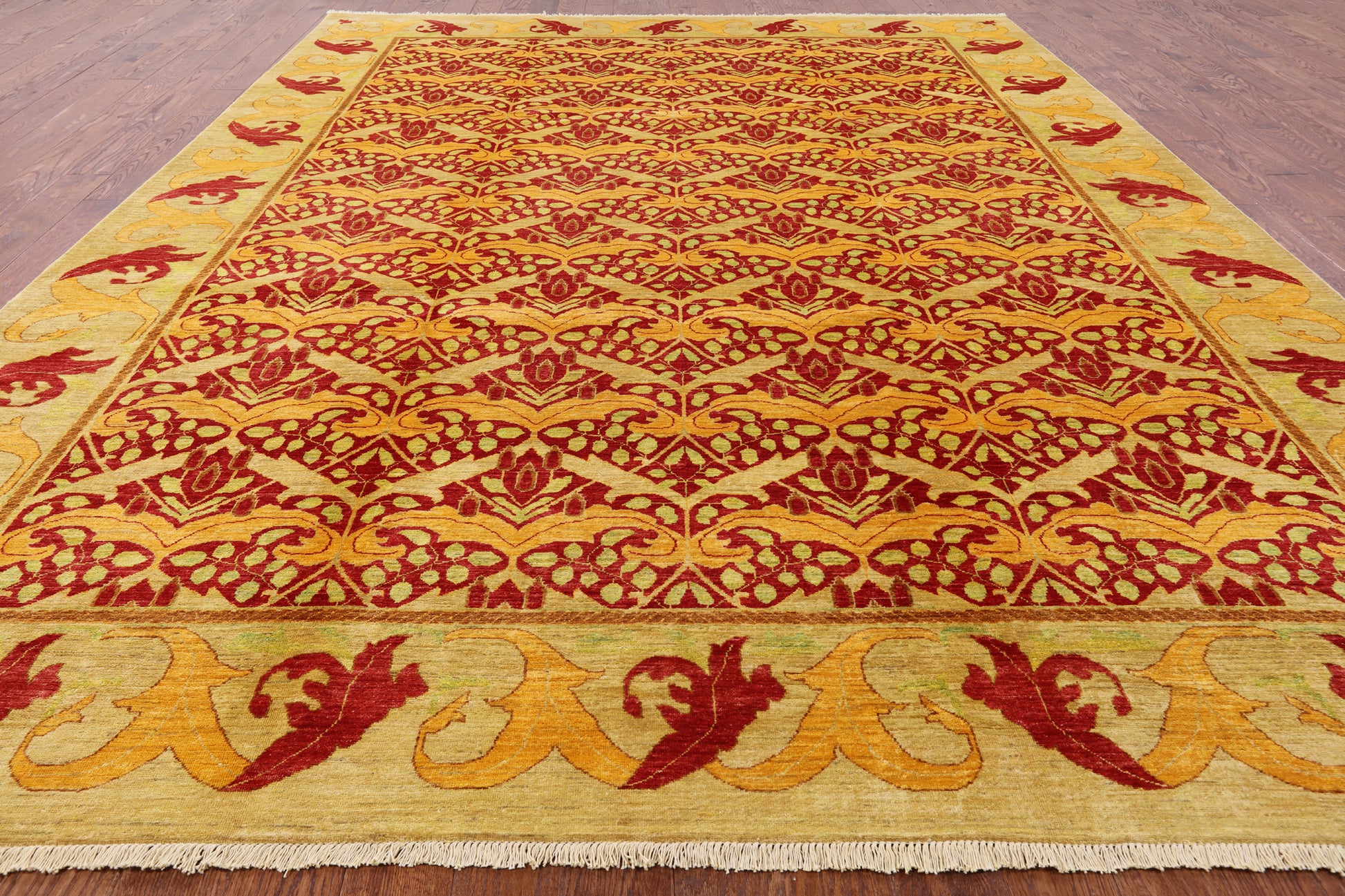 Red William Morris Hand Knotted Wool Rug - 10' 0" X 13' 8" - Golden Nile