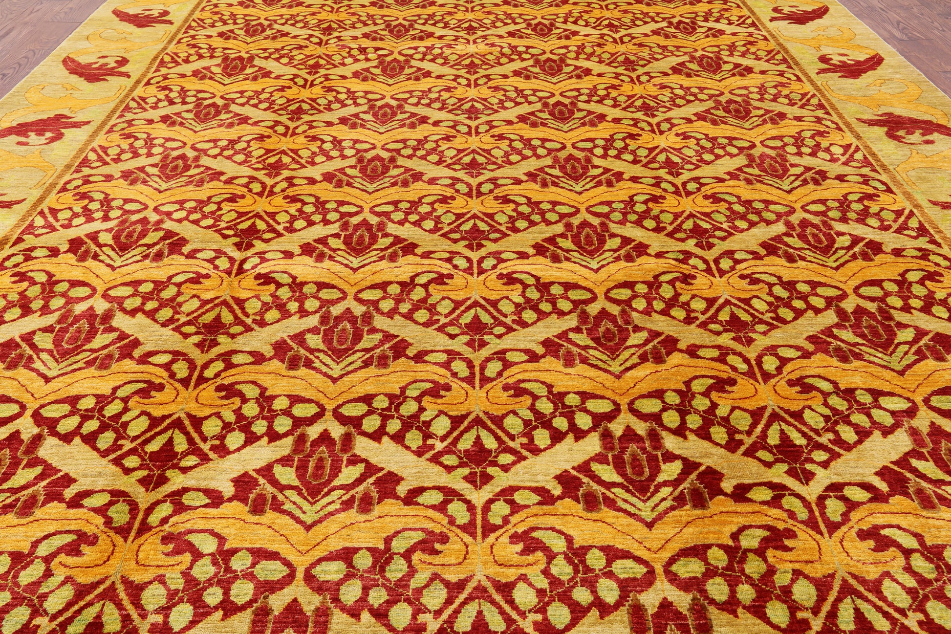 Red William Morris Hand Knotted Wool Rug - 10' 0" X 13' 8" - Golden Nile