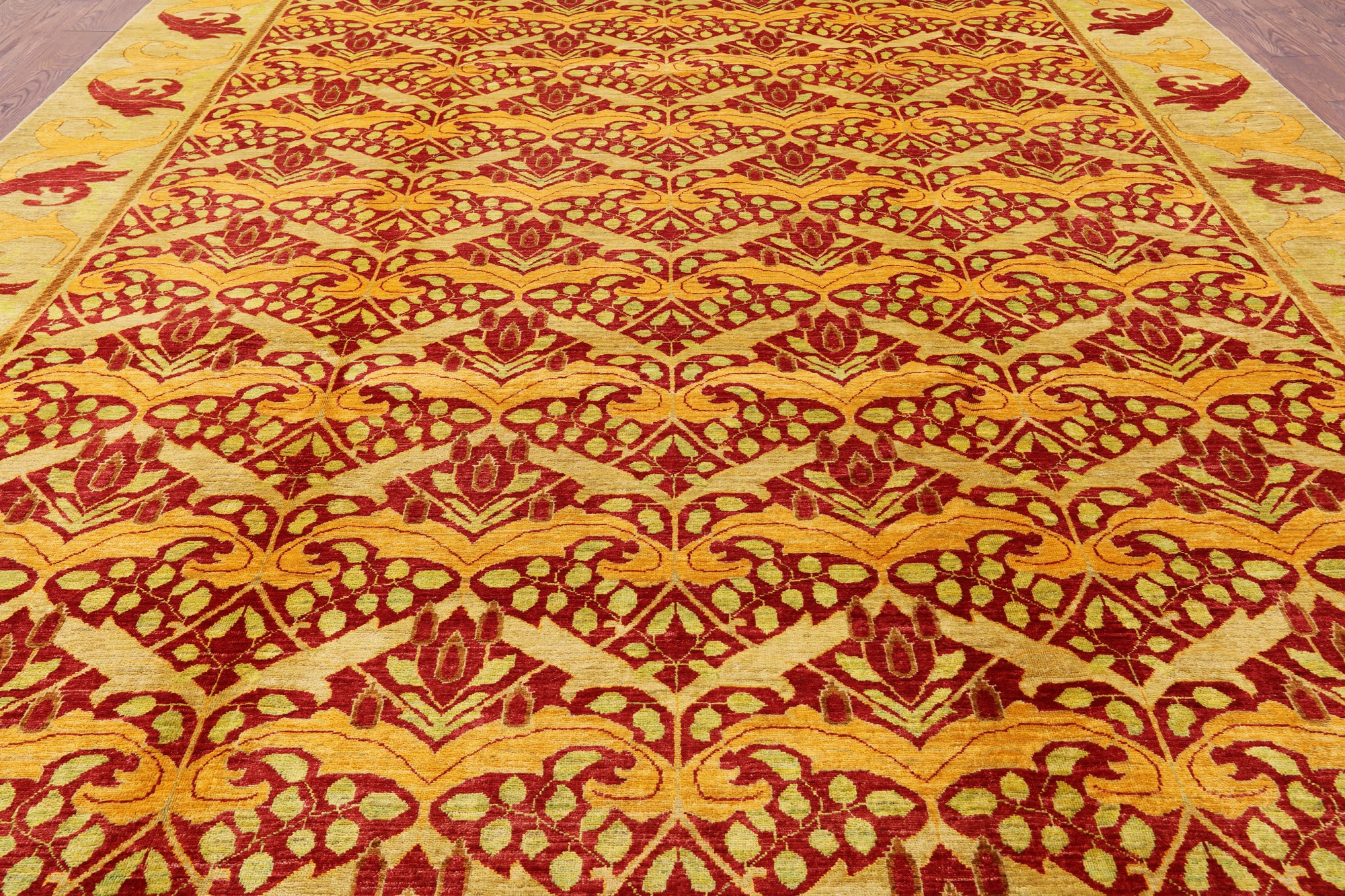 Red William Morris Hand Knotted Wool Rug - 10' 0" X 13' 8" - Golden Nile