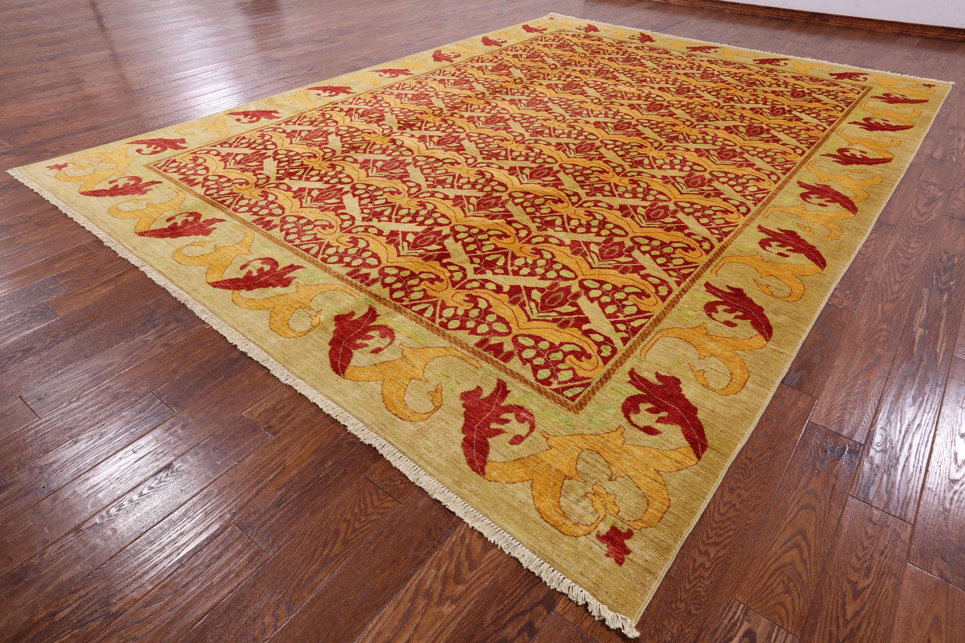 Red William Morris Hand Knotted Wool Rug - 10' 0" X 13' 8" - Golden Nile