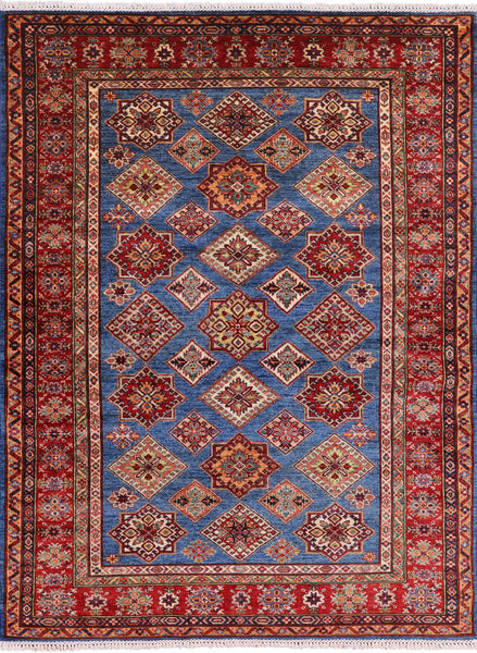 Blue Super Kazak Hand Knotted Wool Area Rug - 5' 8" X 7' 7" - Golden Nile