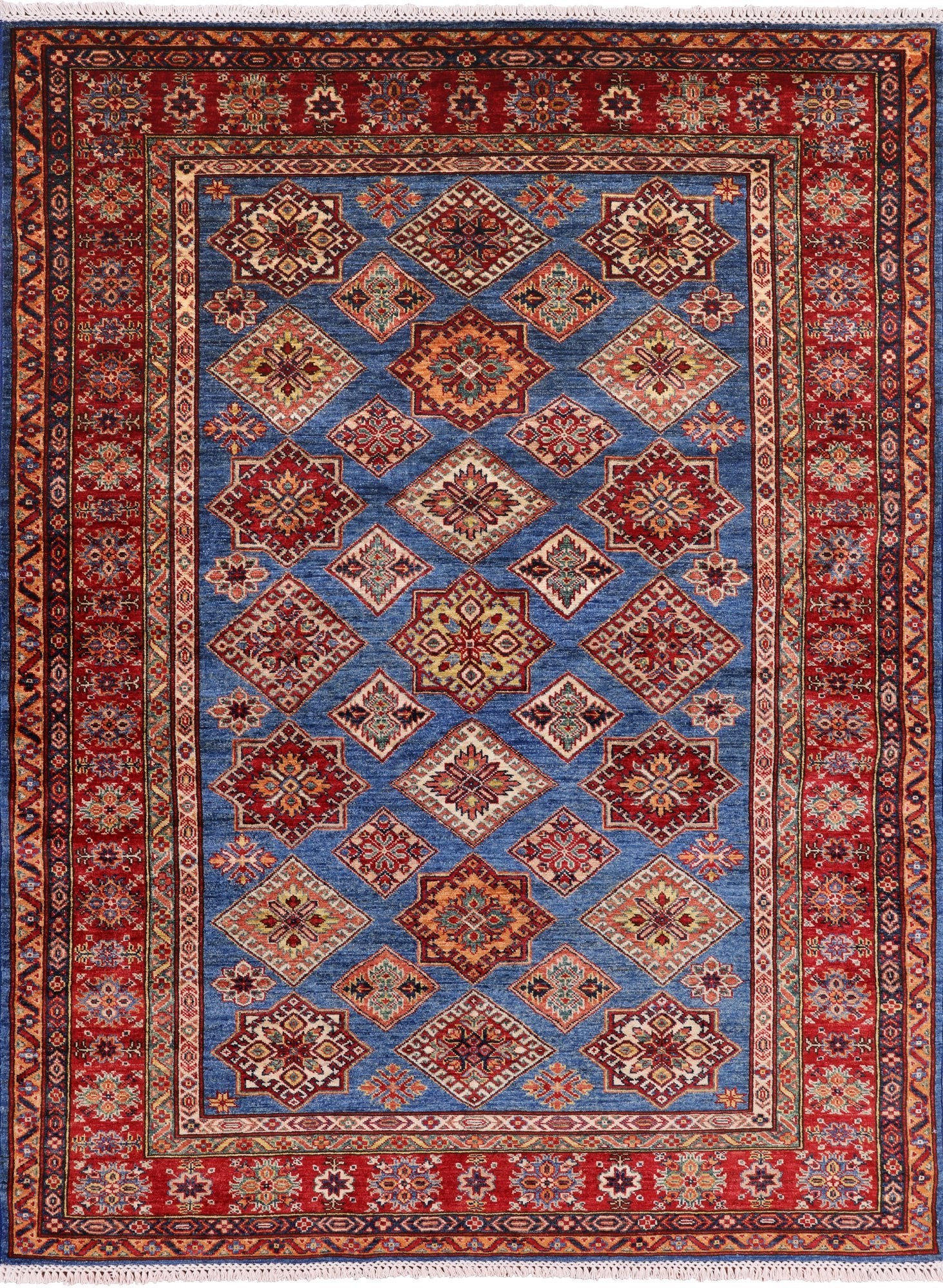 Blue Super Kazak Hand Knotted Wool Area Rug - 5' 8" X 7' 7" - Golden Nile