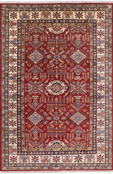 Red Super Kazak Hand Knotted Area Rug - 5' 7" X 8' 4" - Golden Nile