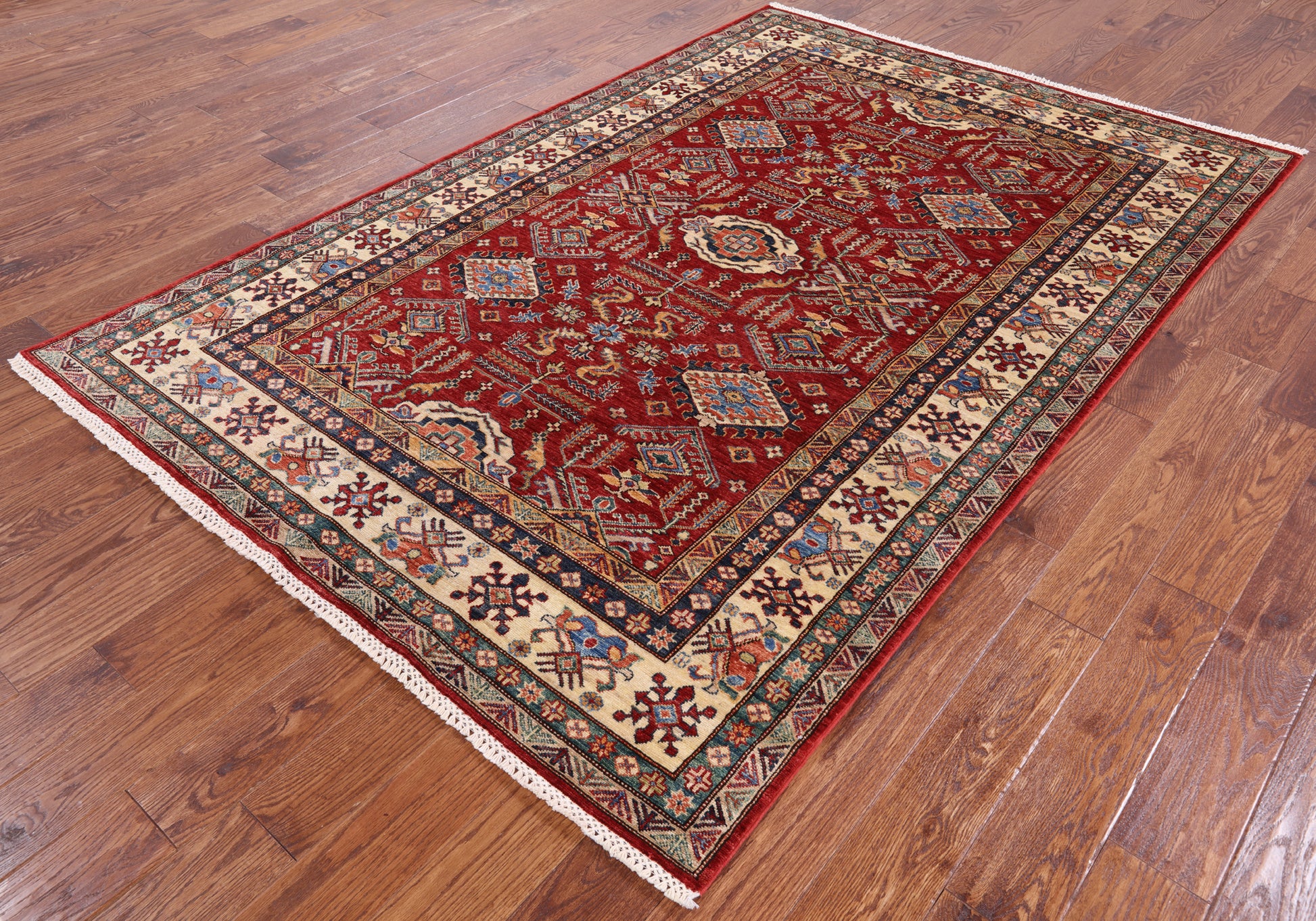 Red Super Kazak Hand Knotted Area Rug - 5' 7" X 8' 4" - Golden Nile