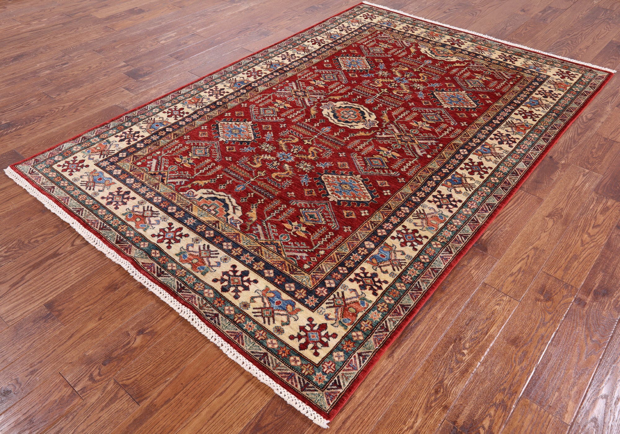 Red Super Kazak Hand Knotted Area Rug - 5' 7" X 8' 4" - Golden Nile