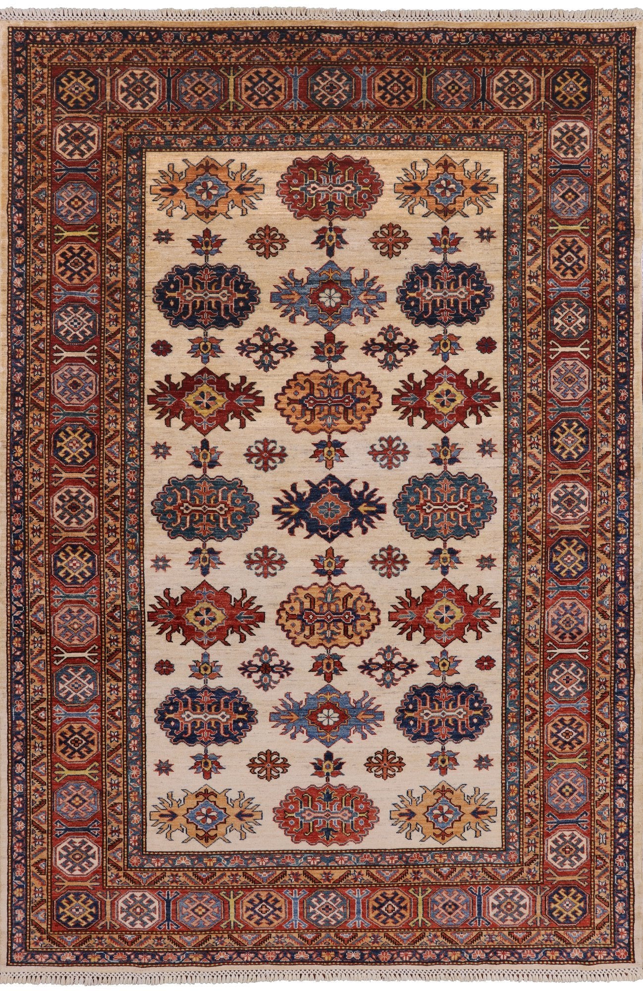 Ivory Super Kazak Handmade Wool Area Rug - 6' 1" X 9' 1" - Golden Nile