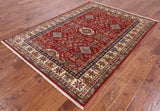 Red Super Kazak Hand Knotted Wool Area Rug - 5' 7" X 7' 8" - Golden Nile