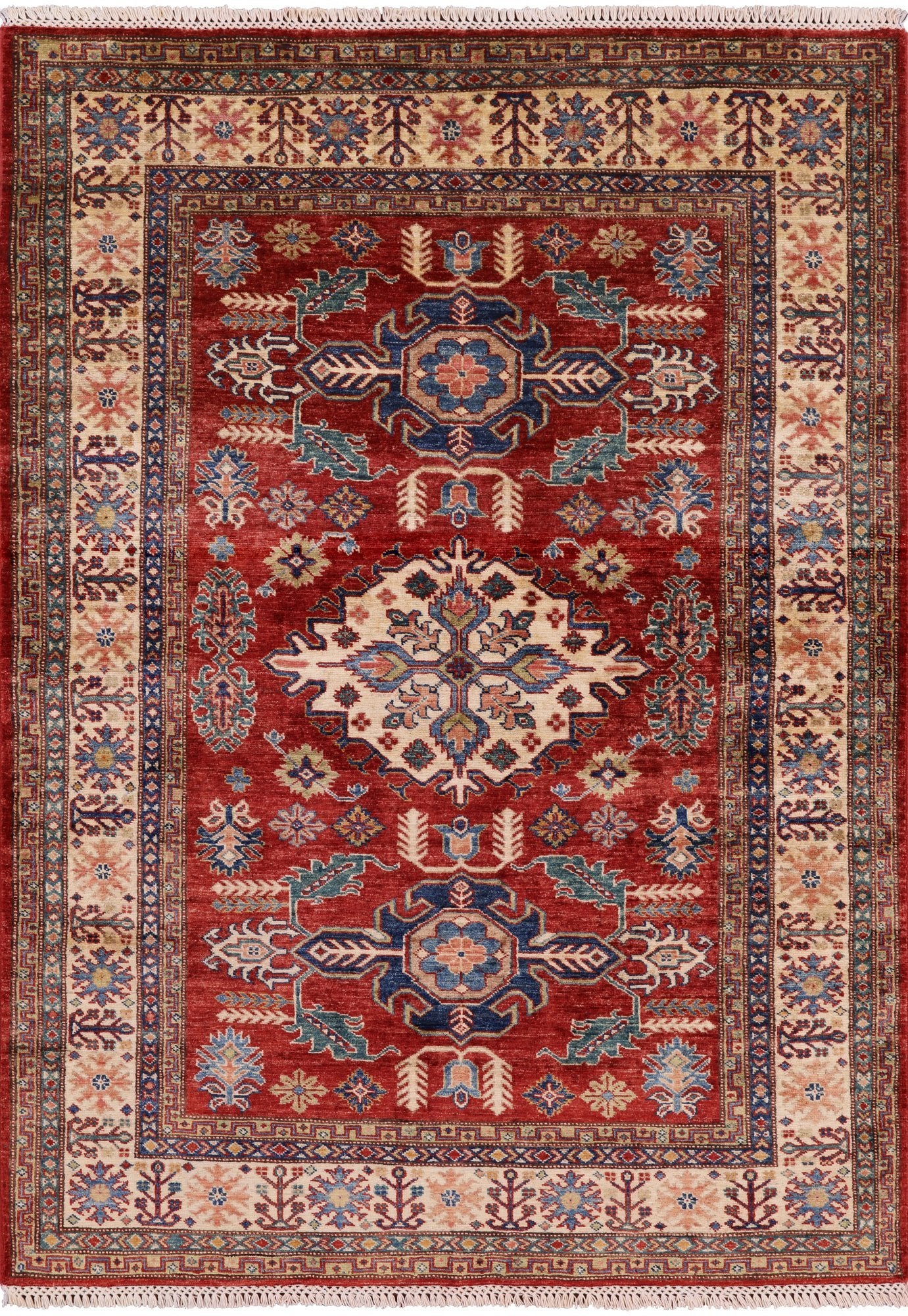 Red Super Kazak Hand Knotted Wool Area Rug - 4' 10" X 6' 8" - Golden Nile