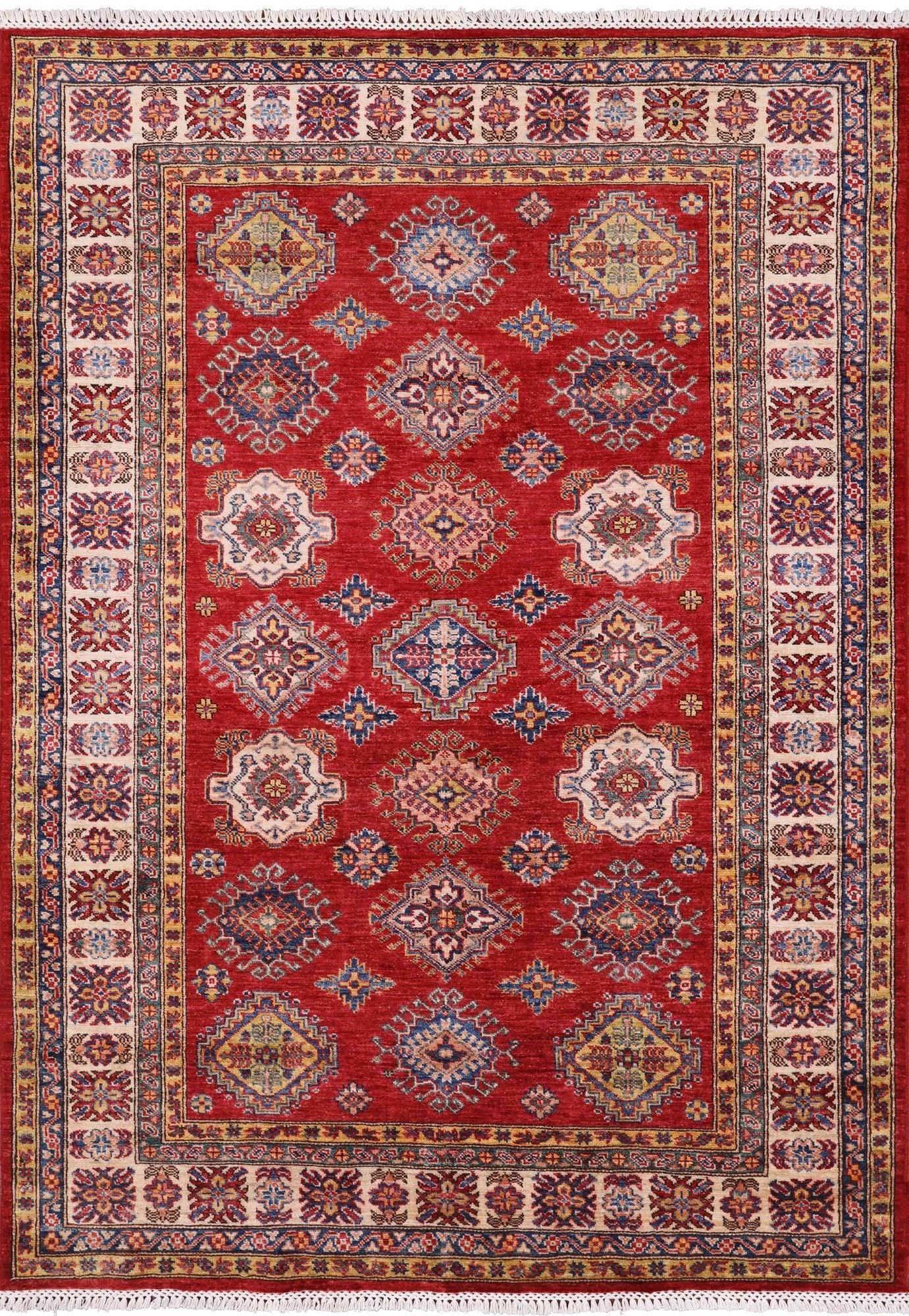 Red Super Kazak Hand Knotted Wool Rug - 4' 11" X 6' 10" - Golden Nile