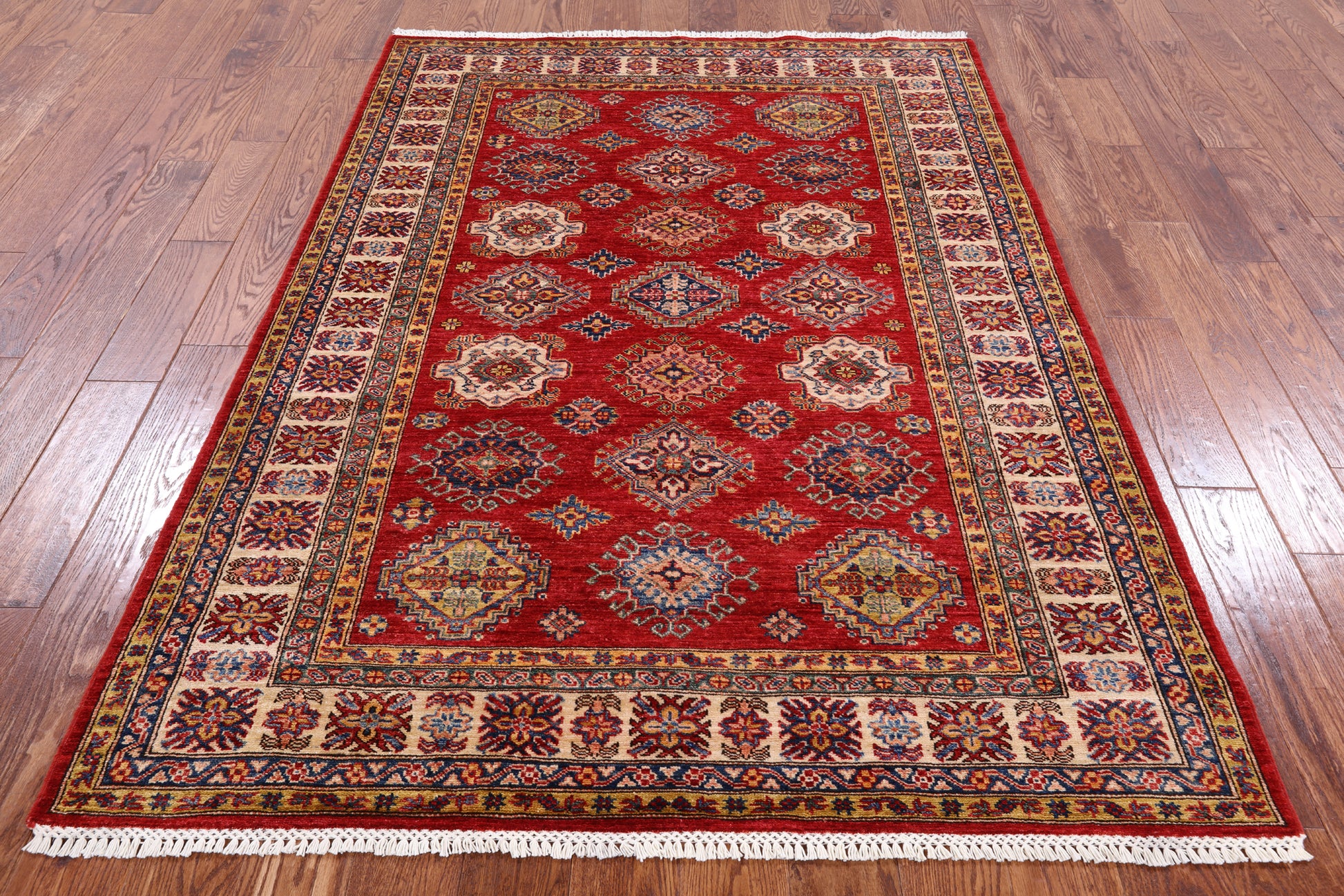 Red Super Kazak Hand Knotted Wool Rug - 4' 11" X 6' 10" - Golden Nile