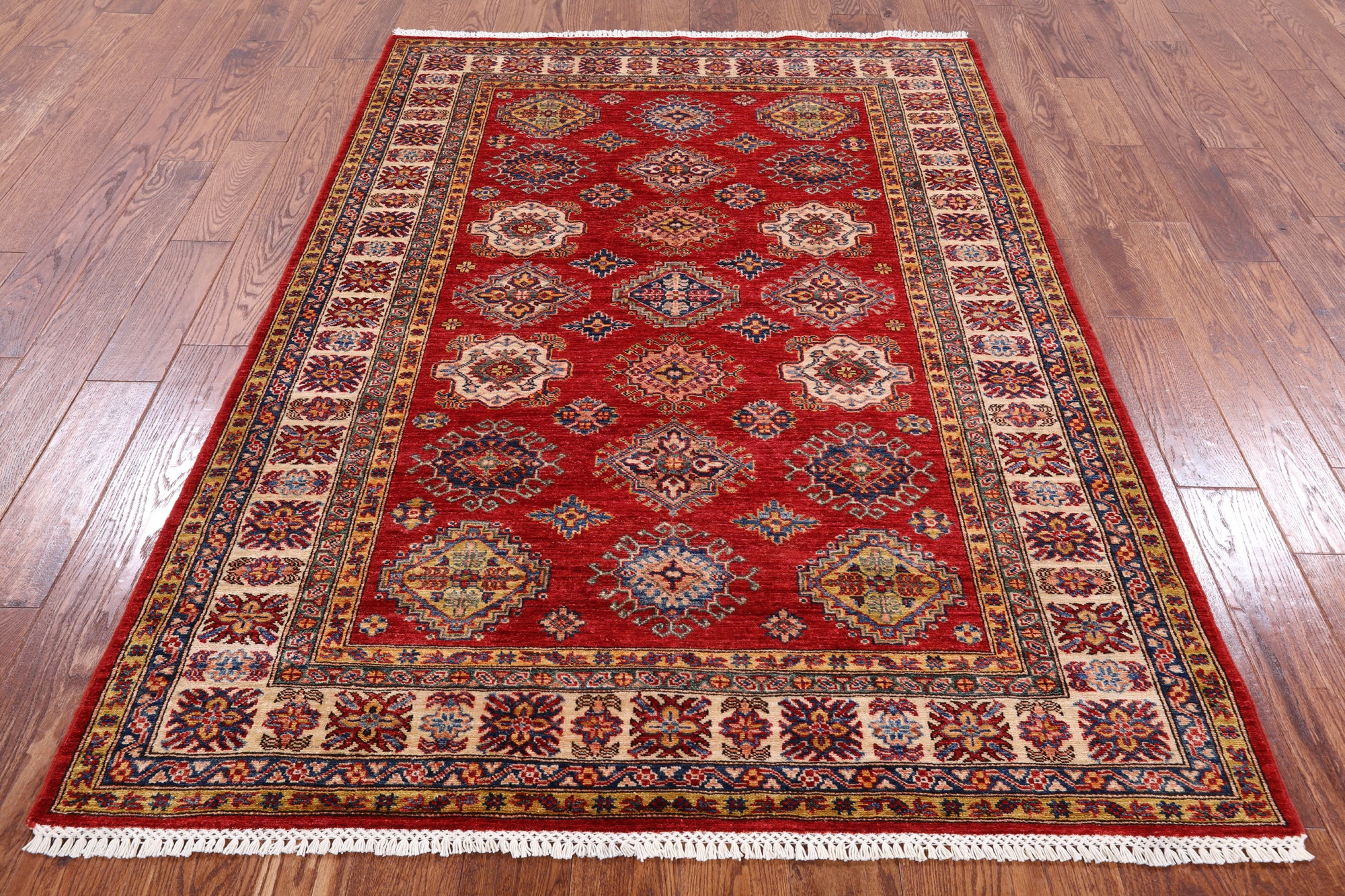 Red Super Kazak Hand Knotted Wool Rug - 4' 11" X 6' 10" - Golden Nile