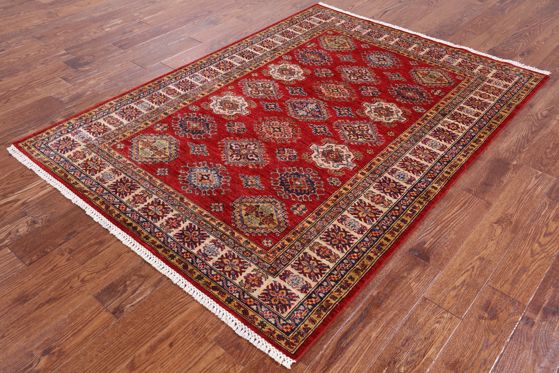 Red Super Kazak Hand Knotted Wool Rug - 4' 11" X 6' 10" - Golden Nile