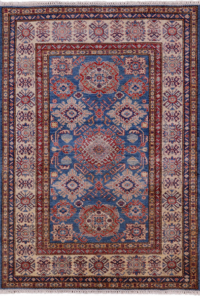 Blue Super Kazak Hand Knotted Wool Area Rug - 4' 10" X 6' 10" - Golden Nile