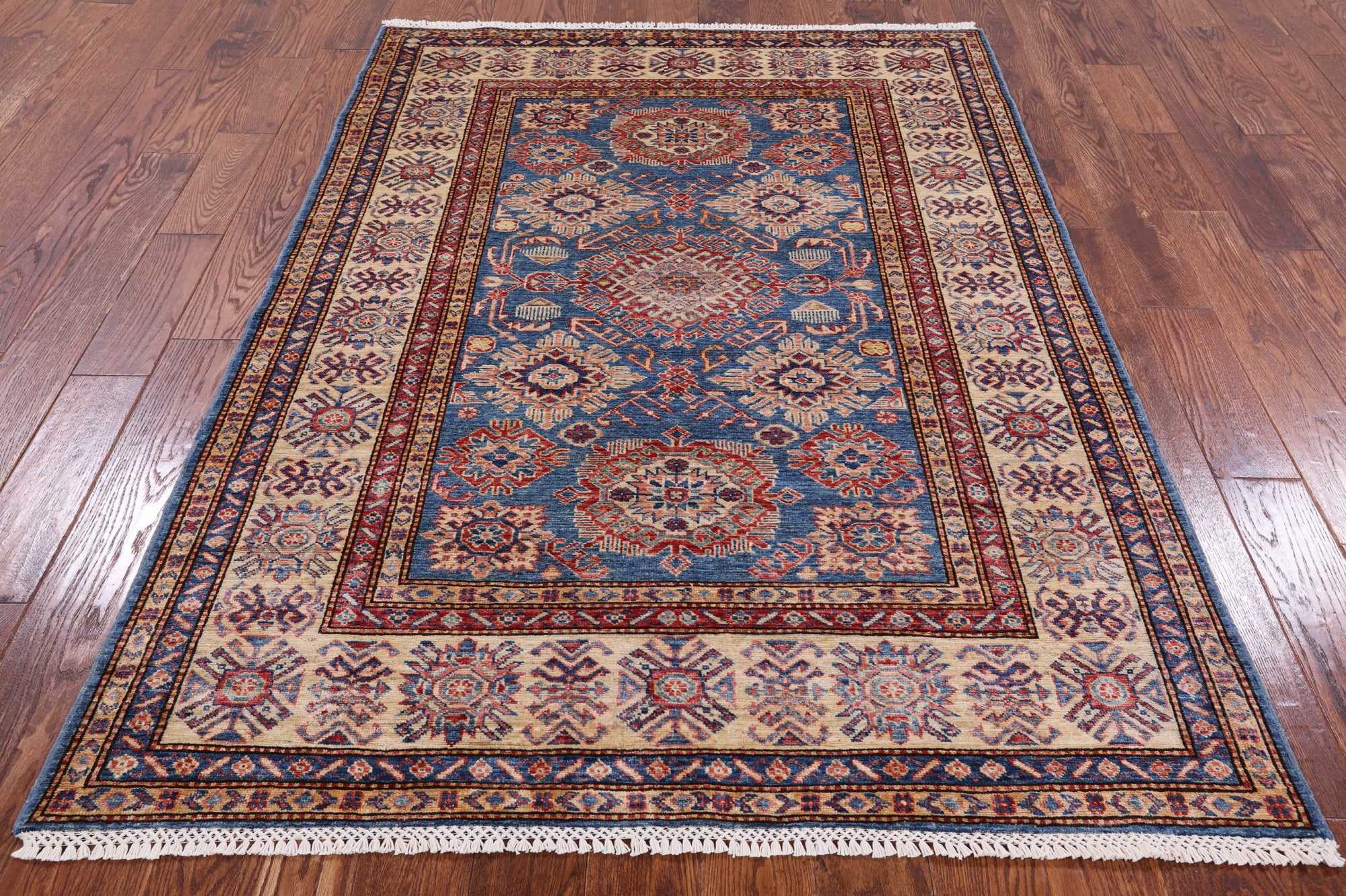 Blue Super Kazak Hand Knotted Wool Area Rug - 4' 10" X 6' 10" - Golden Nile