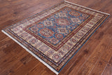 Blue Super Kazak Hand Knotted Wool Area Rug - 4' 10" X 6' 10" - Golden Nile