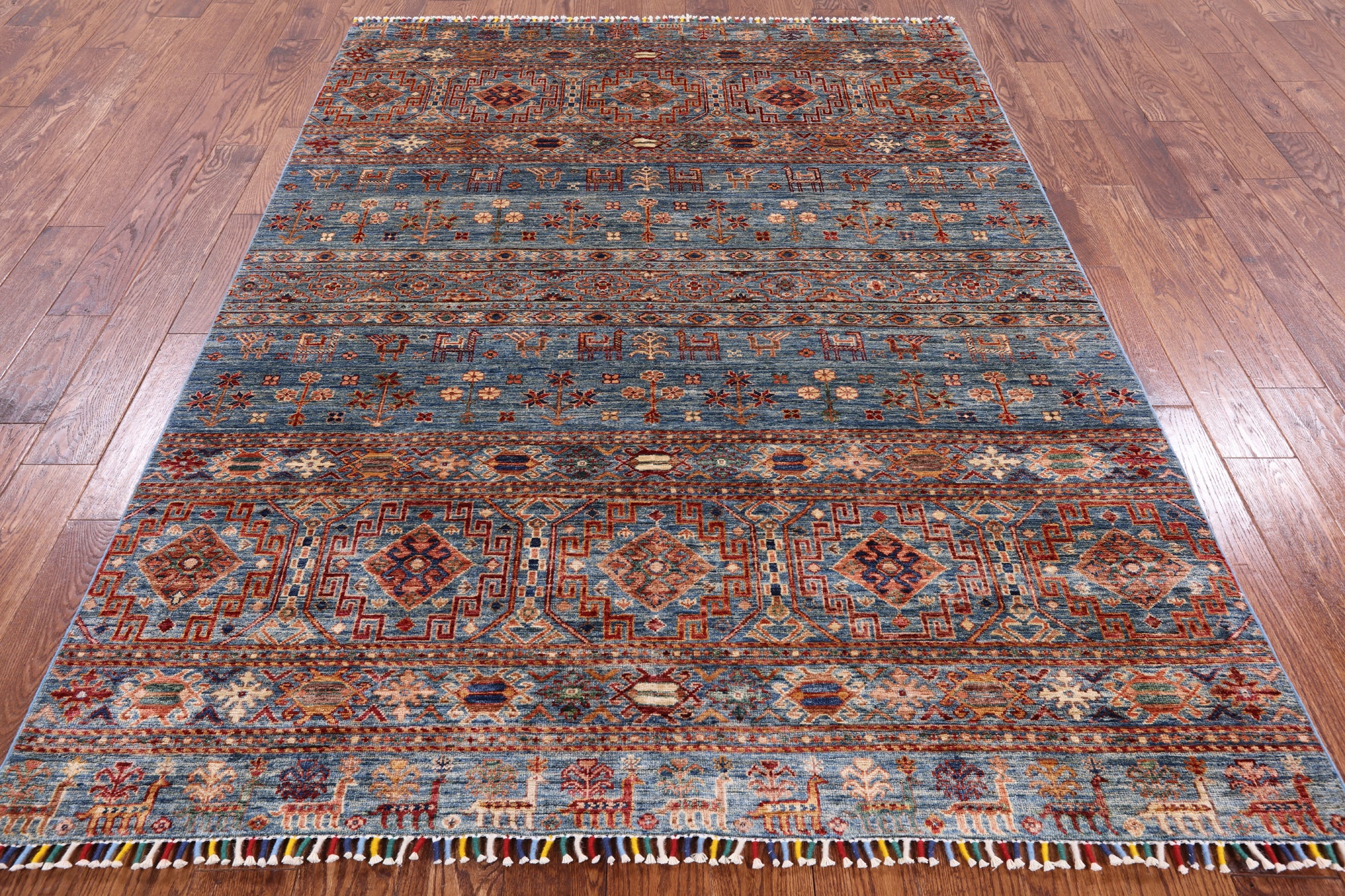 Blue Tribal Khorjin Persian Gabbeh Wool Rug - 5' 9" X 7' 10" - Golden Nile